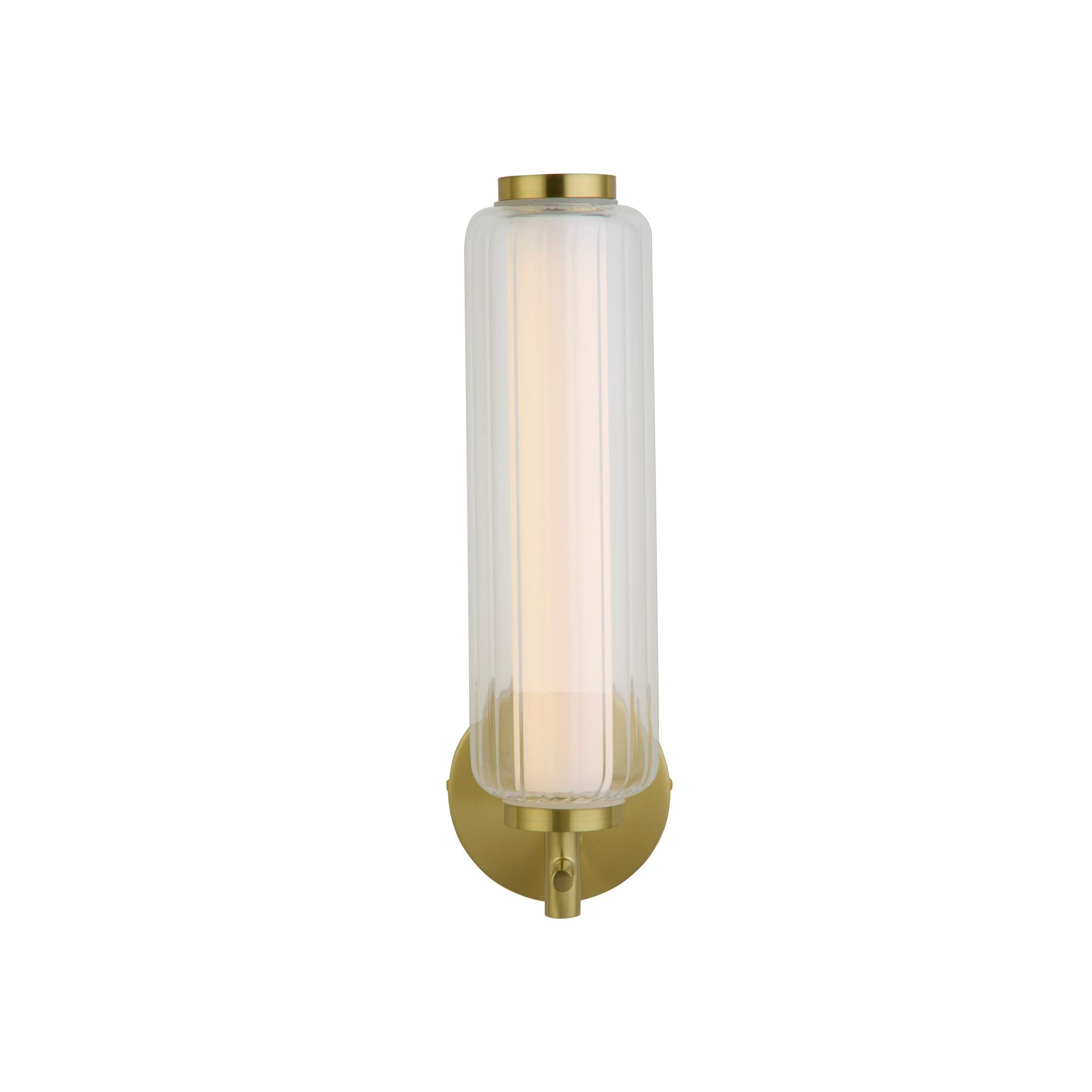 Searchlight Mod LED wall light in satin brass with ribbed glass shade, front view, lit warm white