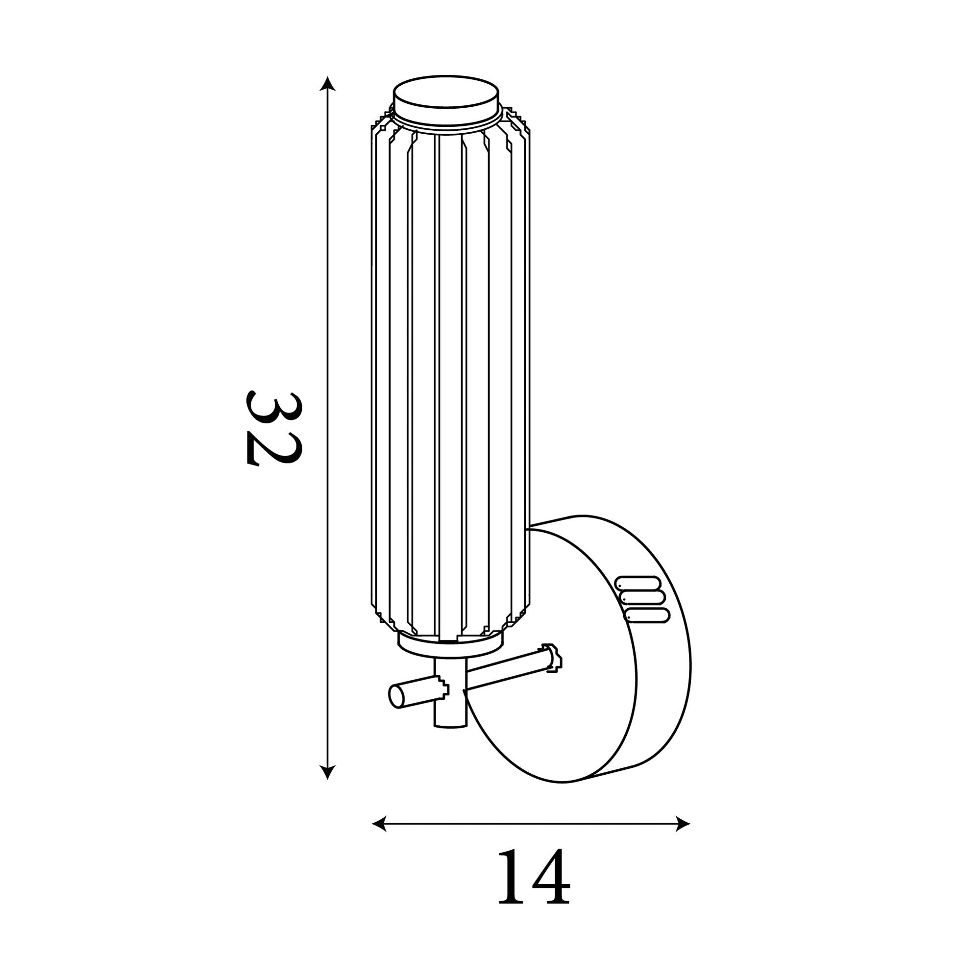 Technical line drawing of the Mod wall light showing dimensions, 32cm height by 14cm width