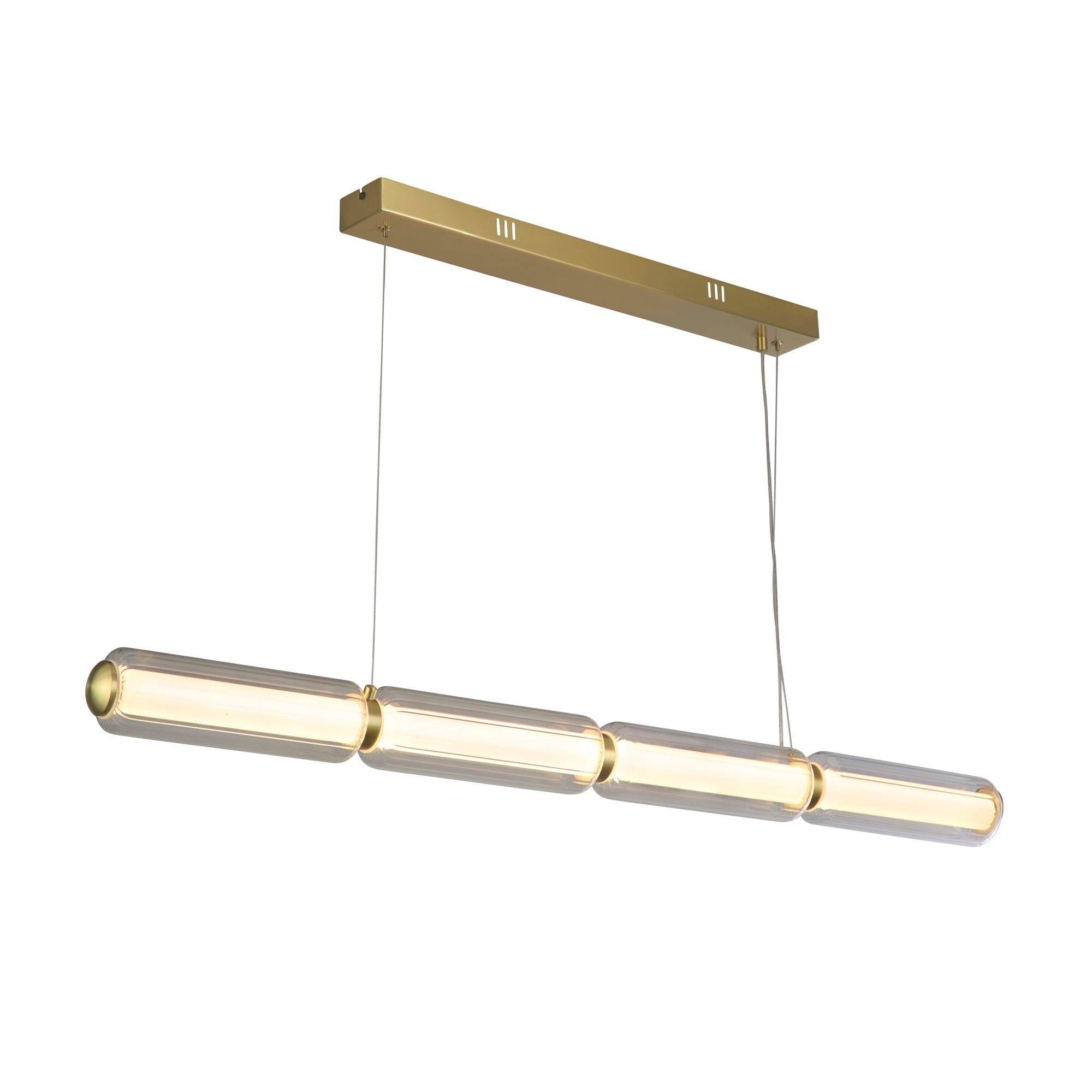 Searchlight Mod LED Pendant in satin brass, angled studio shot of the linear bar with four ribbed glass segments suspended on cables