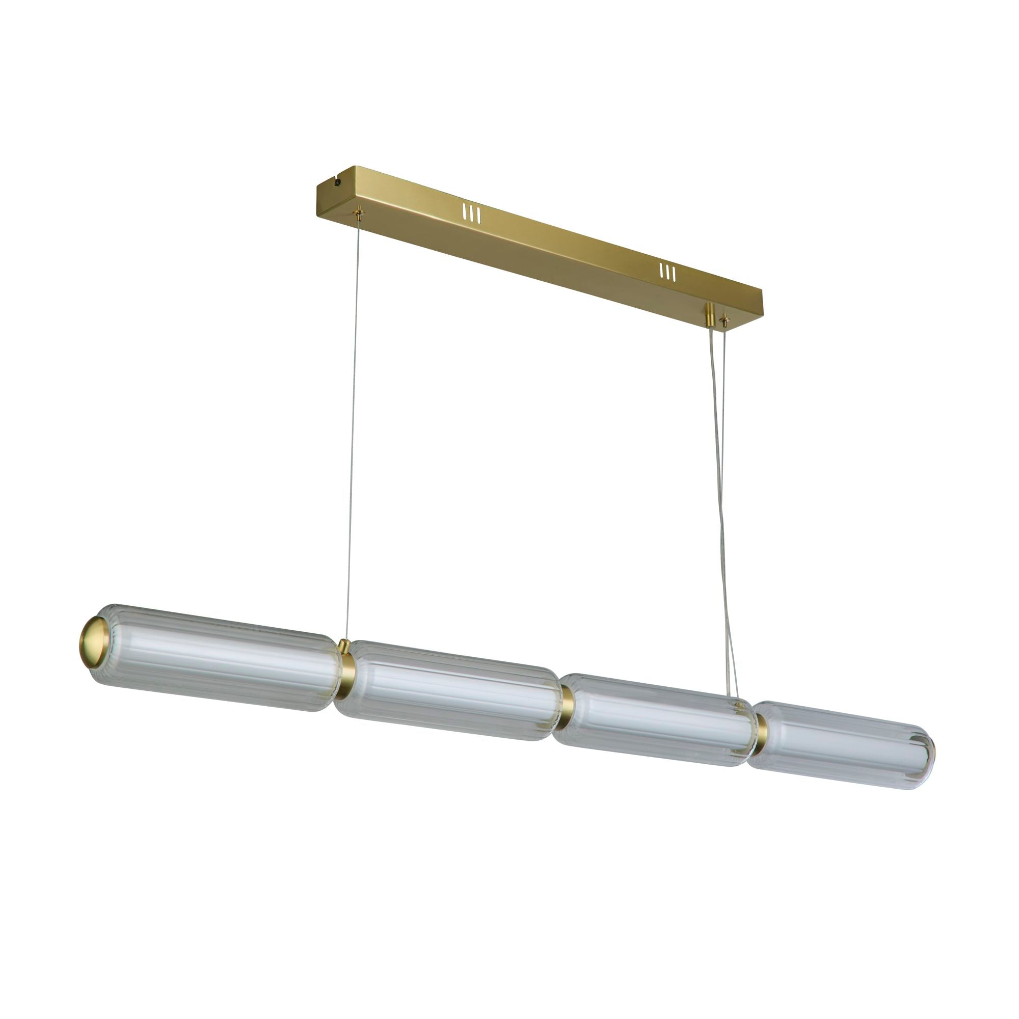 Searchlight Mod LED Pendant in satin brass, straight on studio shot of the linear ribbed glass bar and rectangular ceiling plate