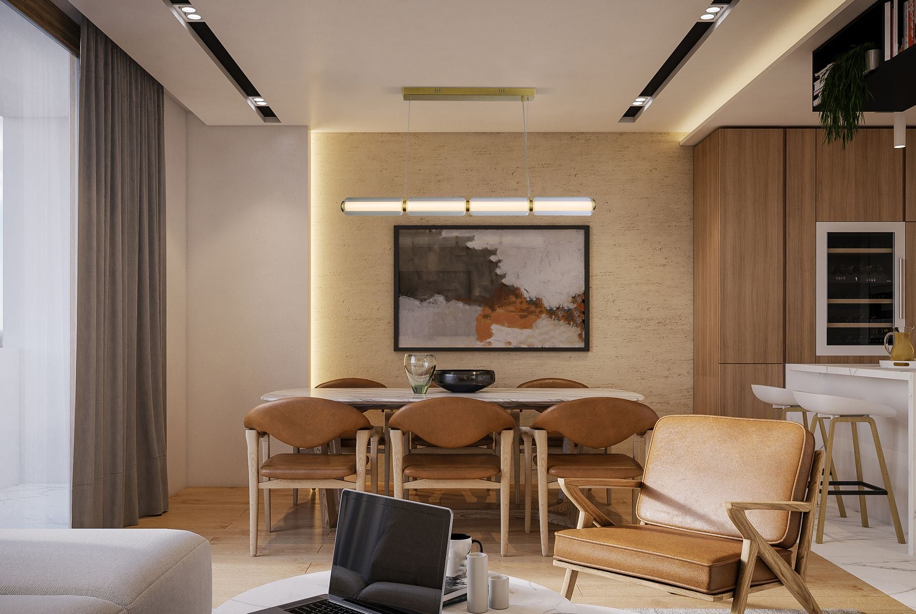 Searchlight Mod LED Pendant styled above a dining table in satin brass, shown lit against a beige textured feature wall
