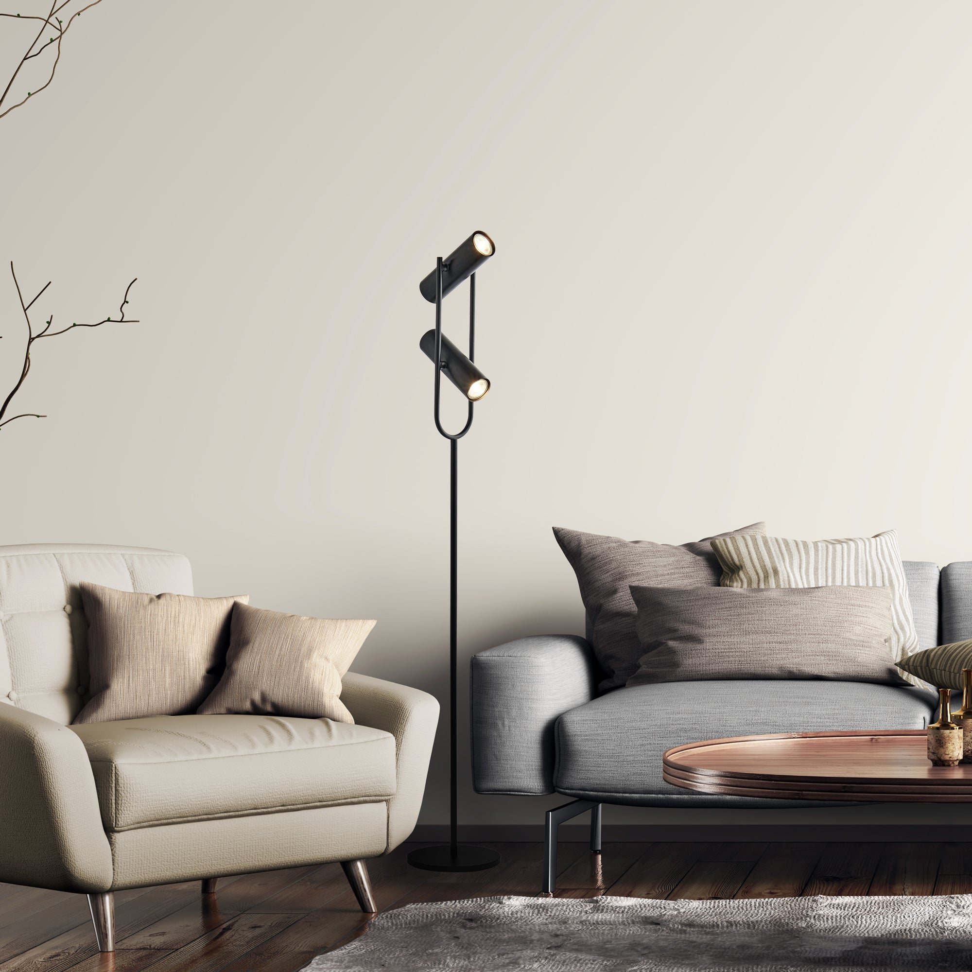 Searchlight Tabley 2 Light Cylinder Shade Floor Lamp, Matt Black