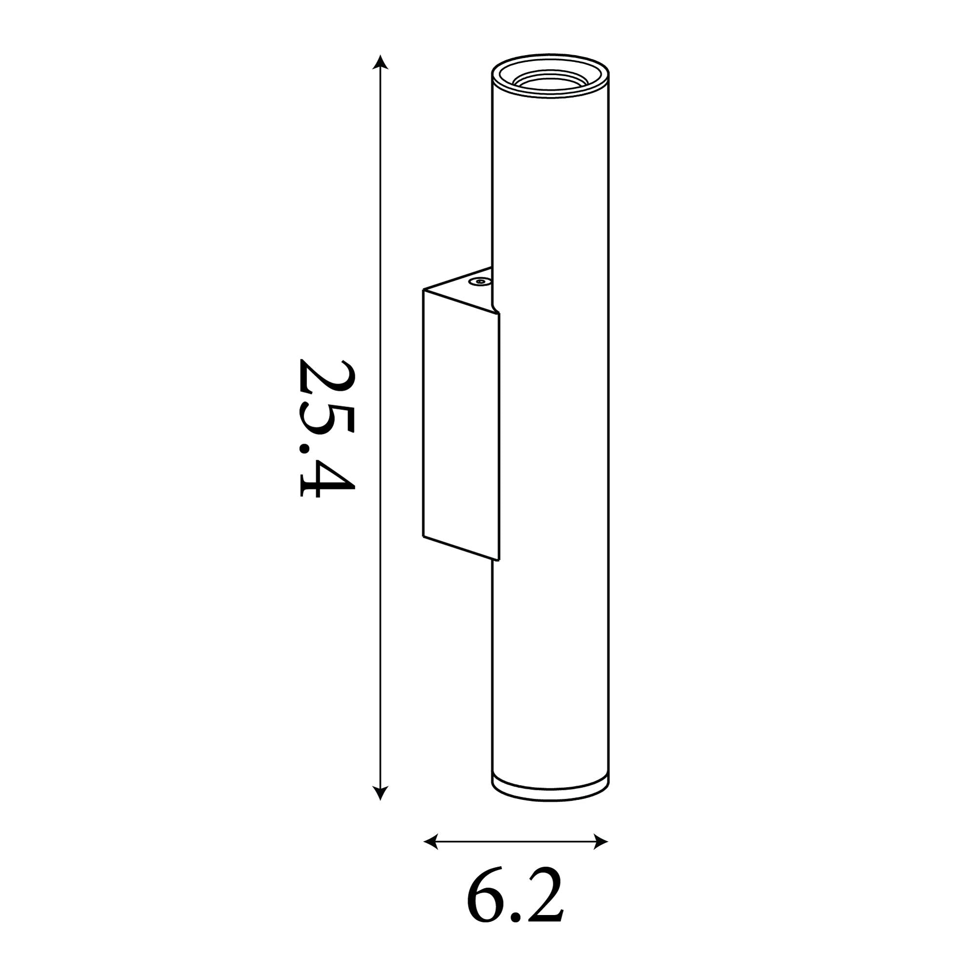 Technical line drawing of the Beacon wall light showing 25.4cm height and 6.2cm projection dimensions