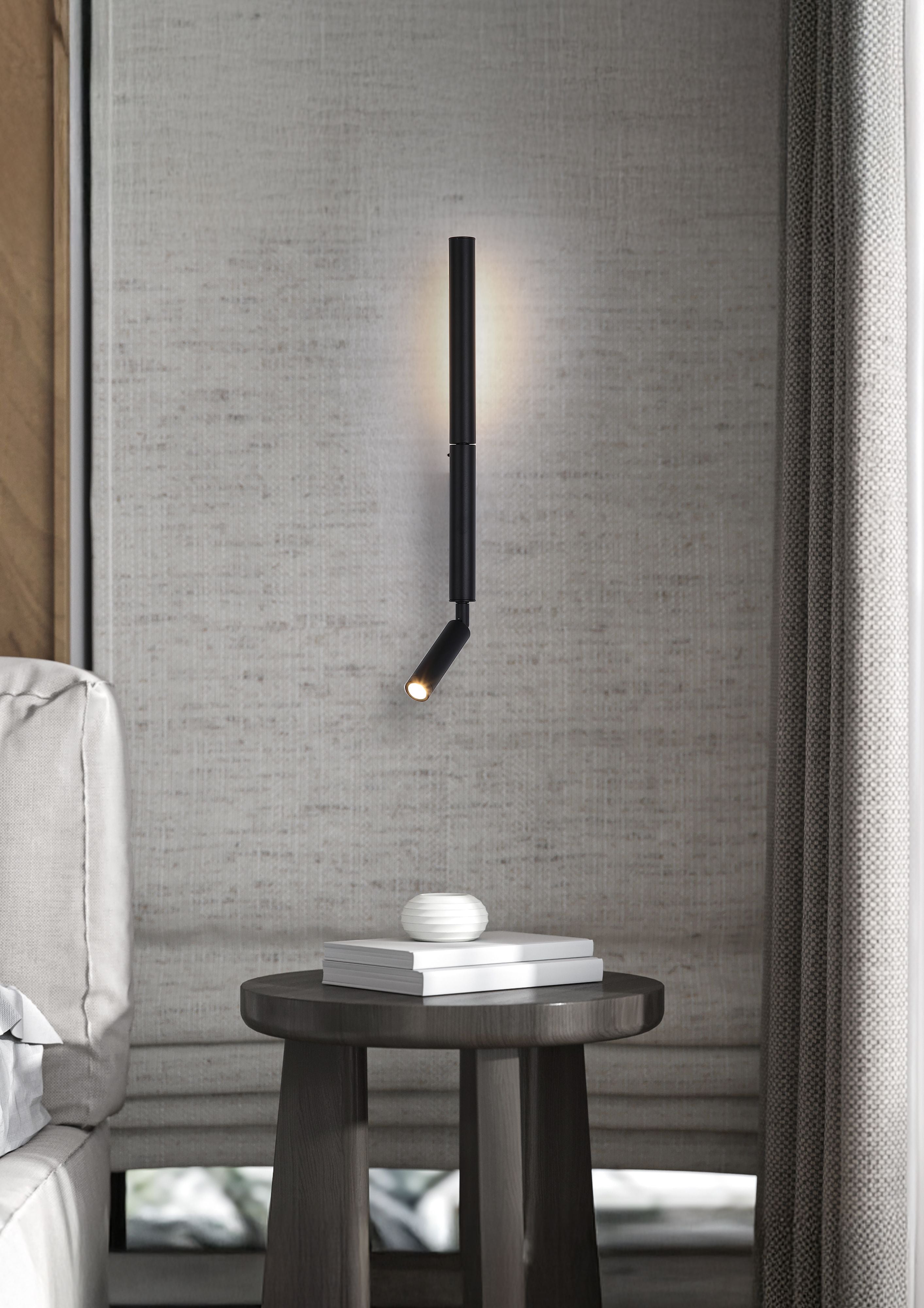 Searchlight Architect LED Wall Light with Reading Arm in matte black, styled bedroom scene - view 2