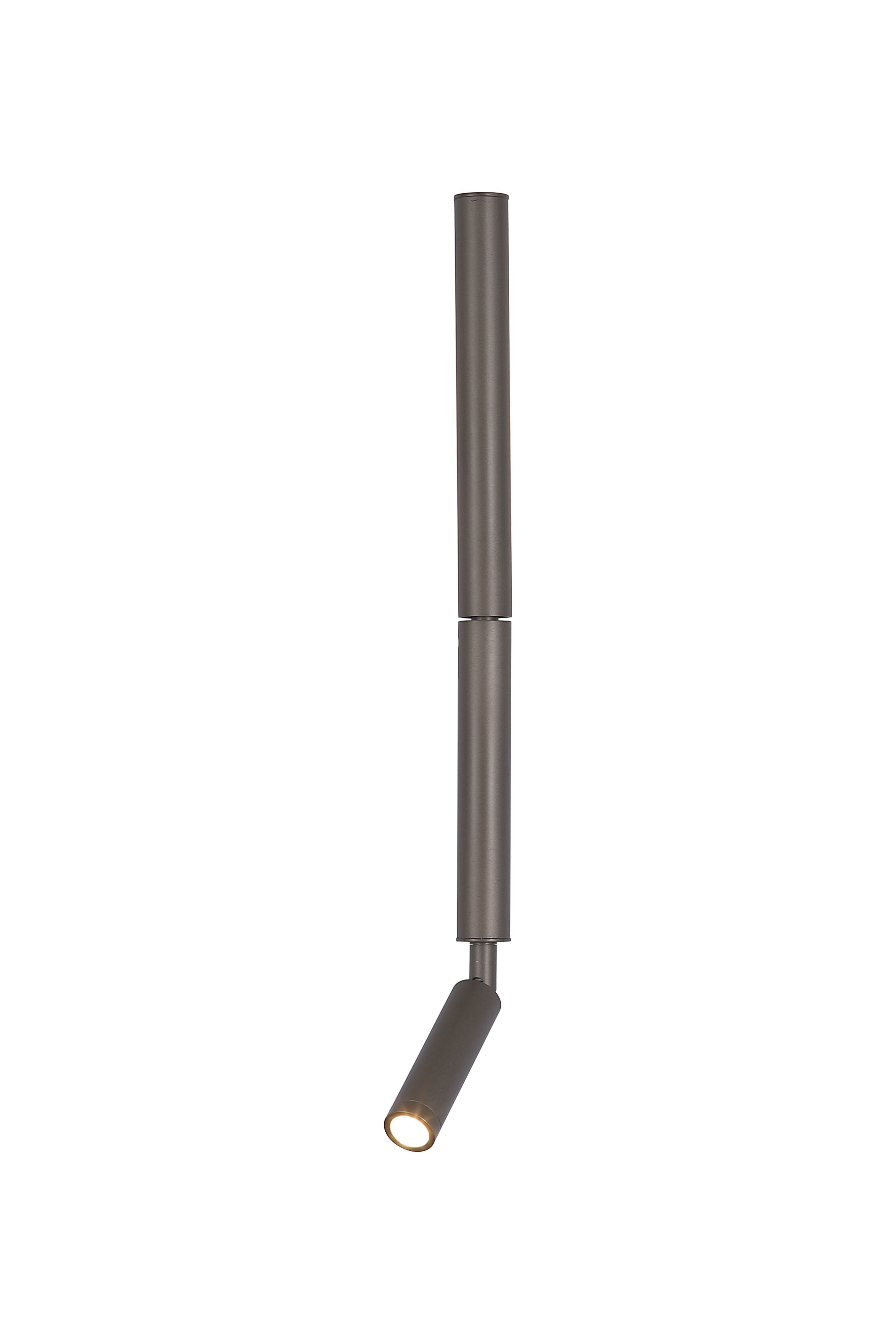Searchlight Architect LED Wall Light with Reading Arm in latte metal, full length studio shot showing the slim cylindrical body with the pivoting reading arm extended and its integrated LED lit