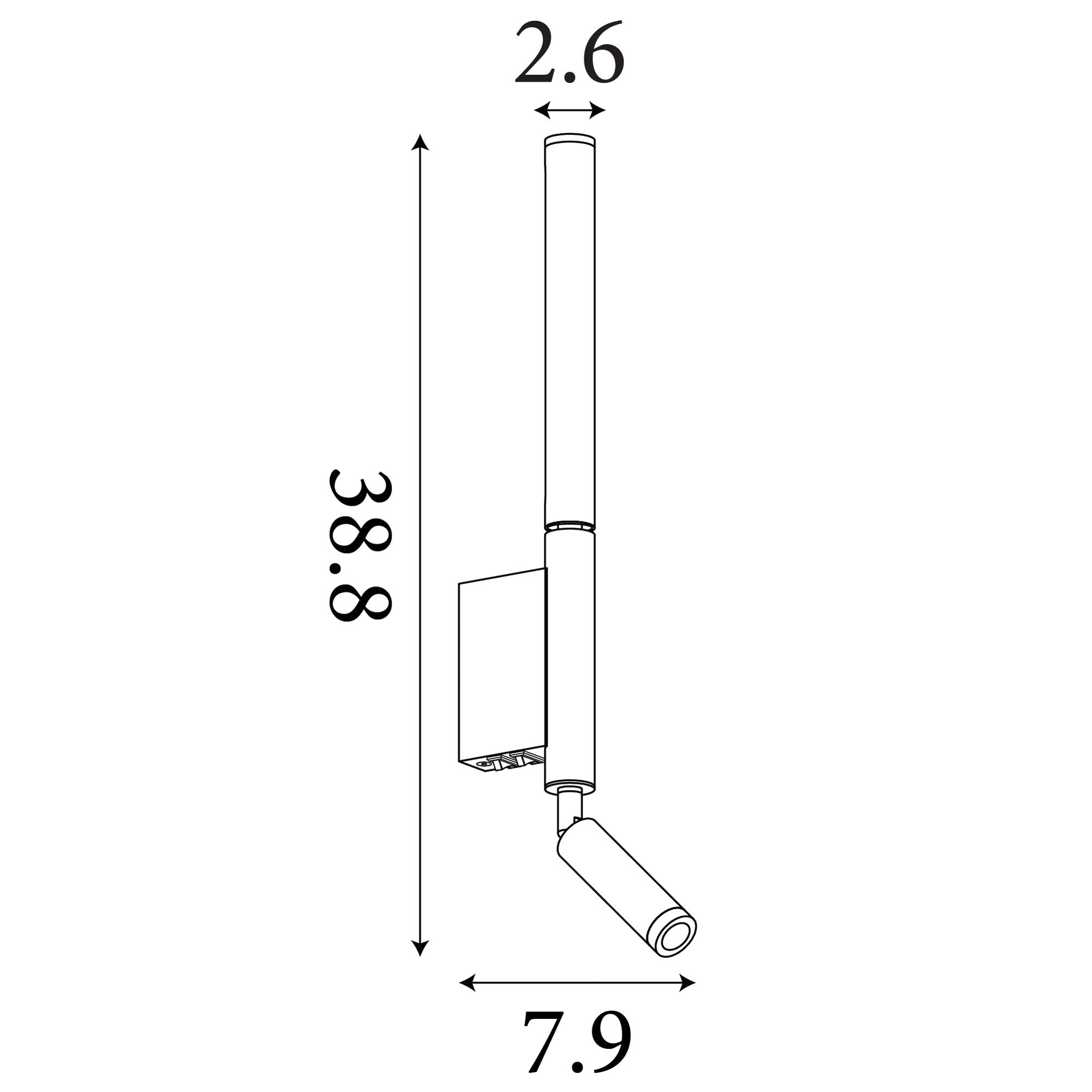 Technical line drawing of the Searchlight Architect LED Wall Light with Reading Arm, showing overall height 38.8cm, body width 2.6cm, and a 7.9cm reach with the reading arm extended