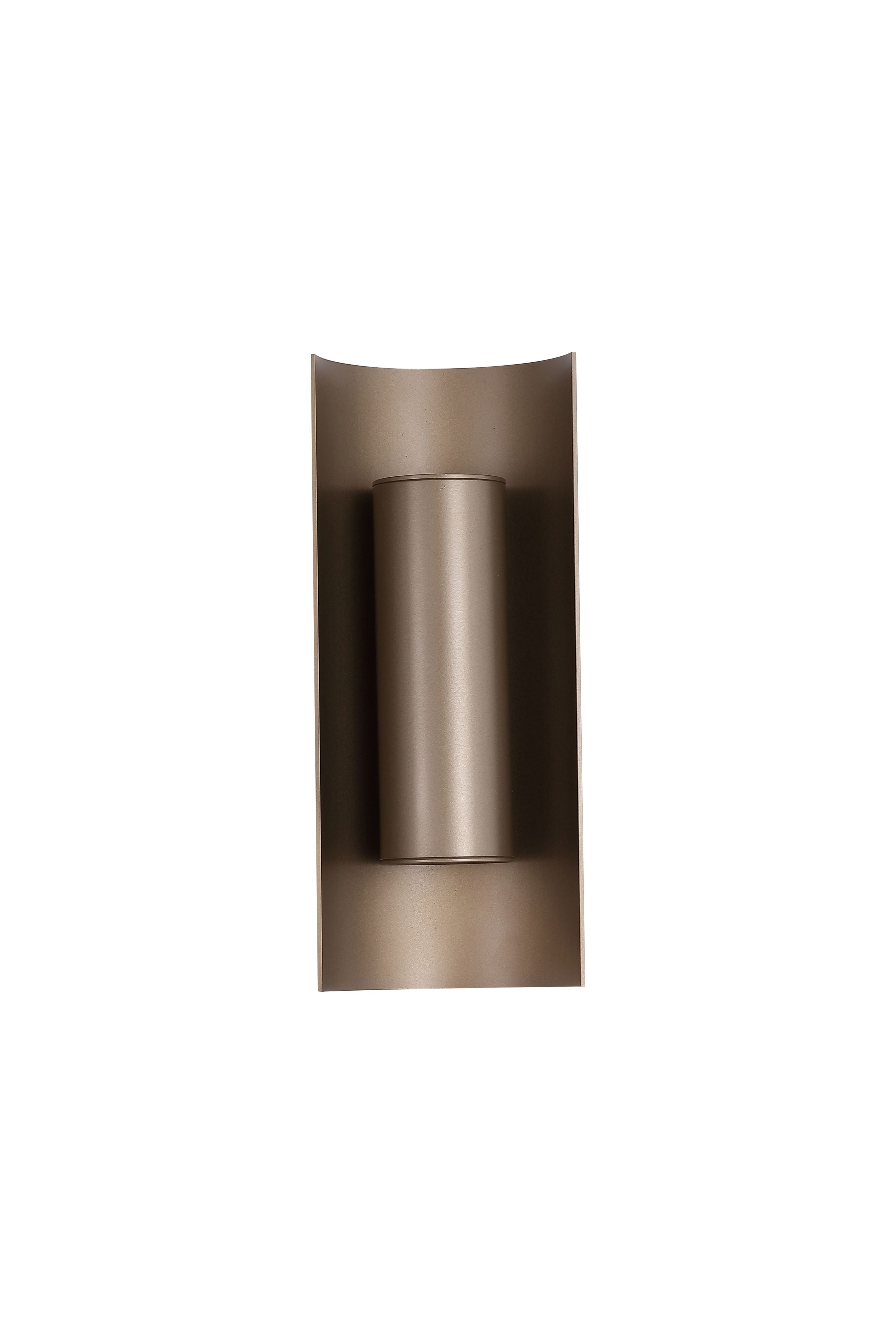Searchlight Roll wall light in latte anodised metal, front view on a white background with warm light spilling up and down the wall