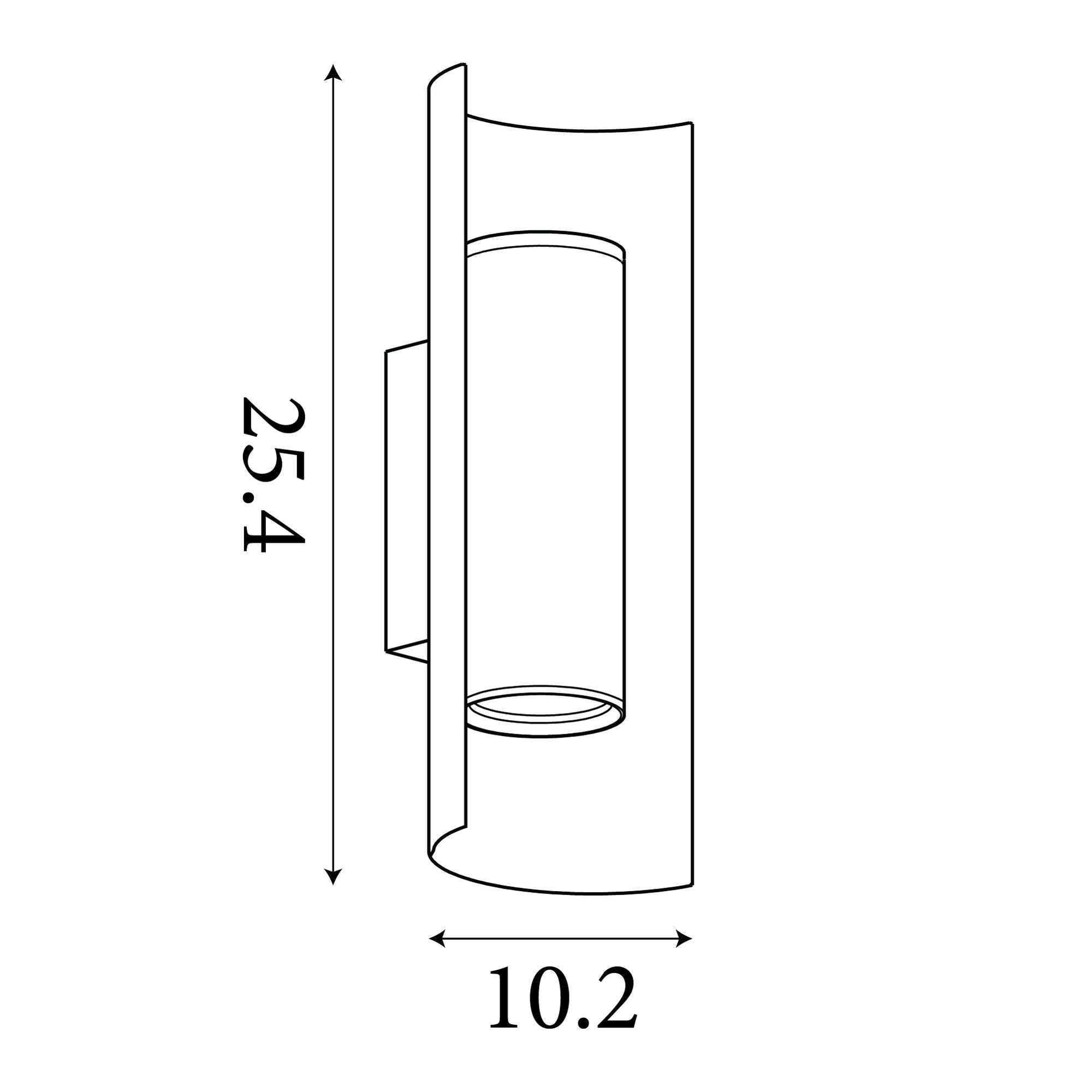 Technical line drawing of the Roll wall light showing dimensions of 25.4cm high and 10.2cm wide