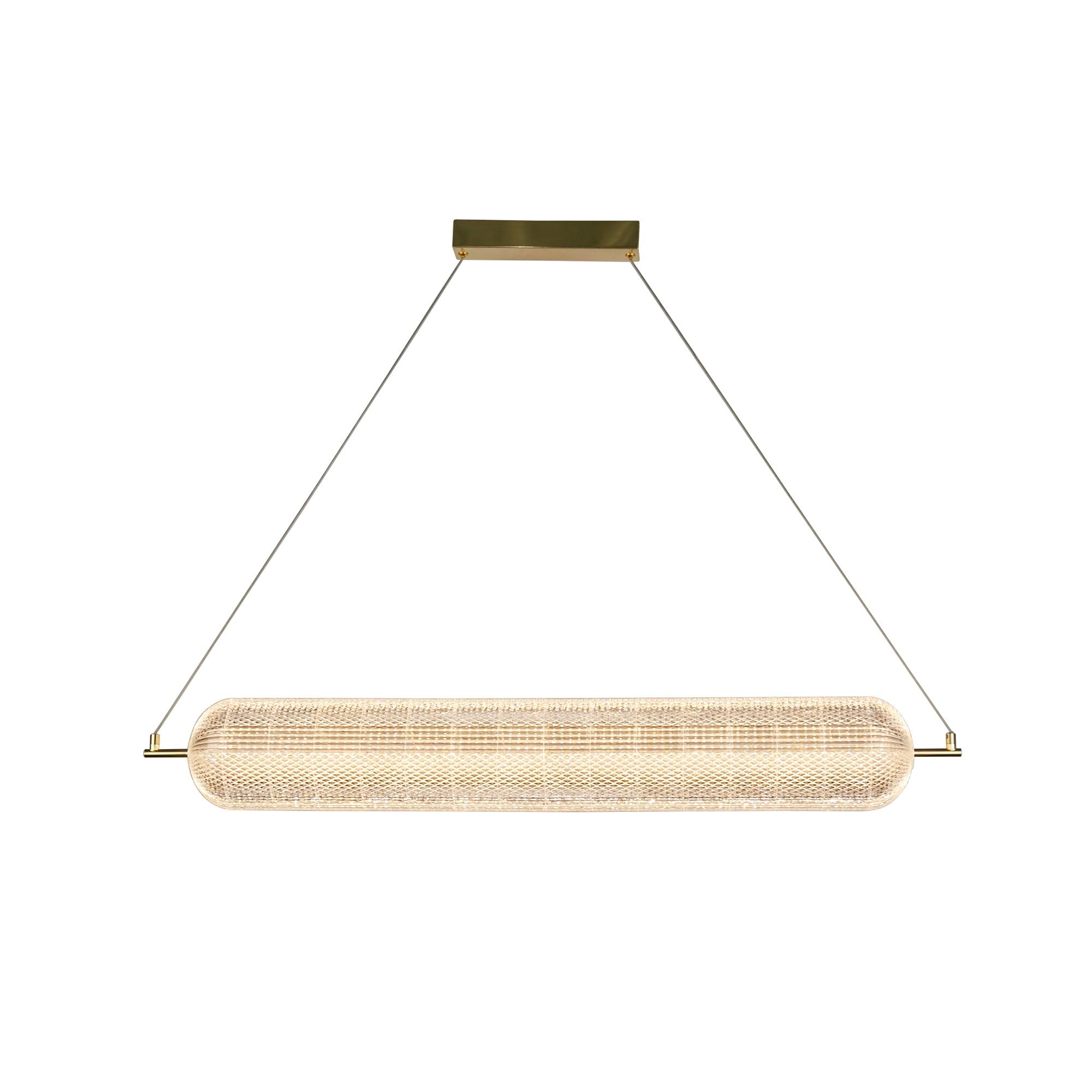 Searchlight Capsule LED convertible pendant in satin brass, hung horizontally, textured acrylic diffuser lit warm white
