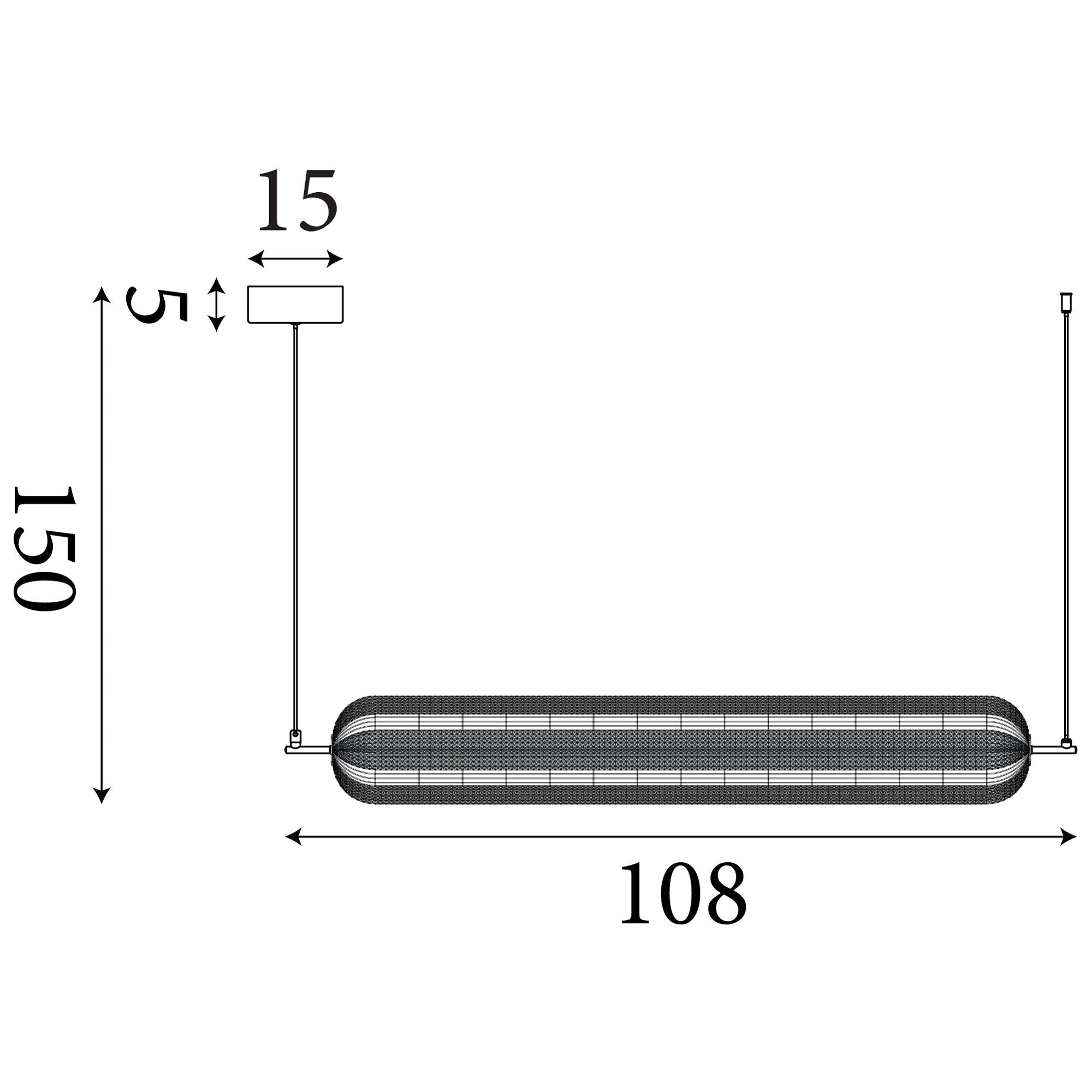 Technical line drawing of the Capsule LED convertible pendant showing dimensions, 150cm maximum drop, 108cm length, 15cm diameter