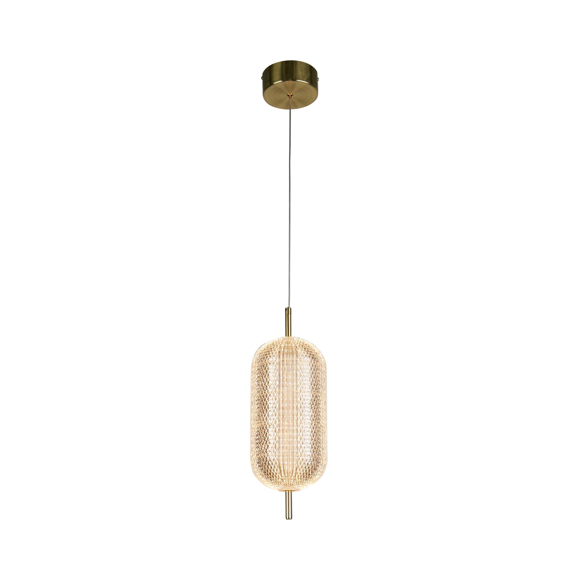 Searchlight Capsule LED pendant light in satin brass, studio shot showing the full elongated capsule shade and brass ceiling rose against a white background