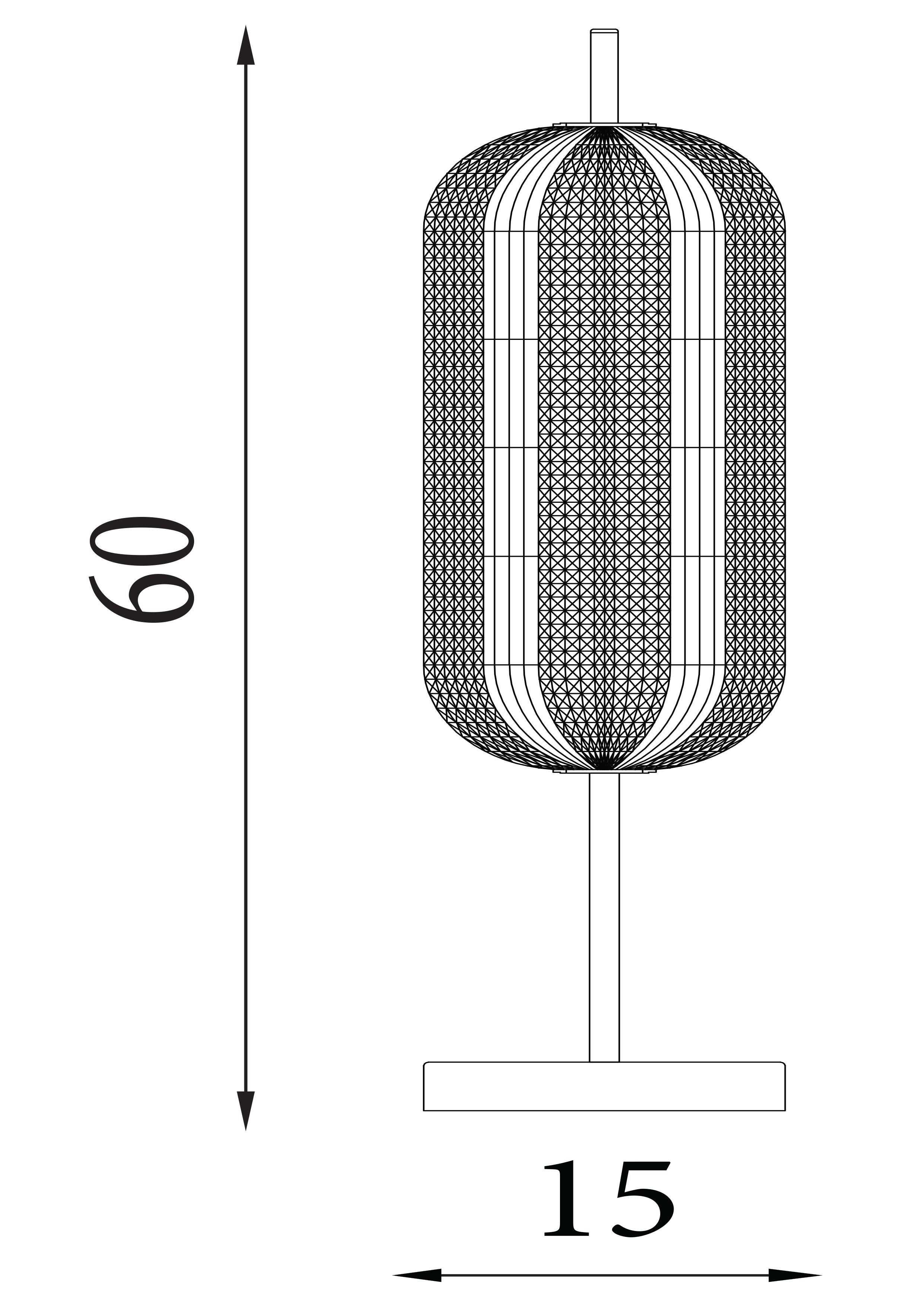 Technical line drawing of the Capsule table lamp showing an overall height of 60cm and a shade width of 15cm