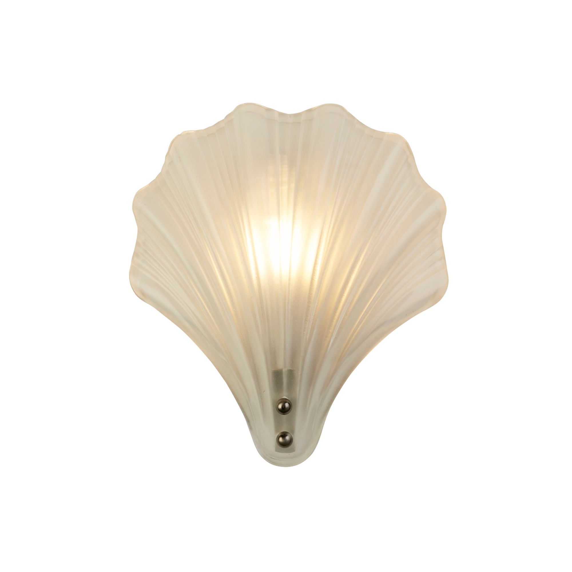 Searchlight Shell wall light with frosted glass shade in a scallop shell shape, satin silver fitting, studio shot, illuminated