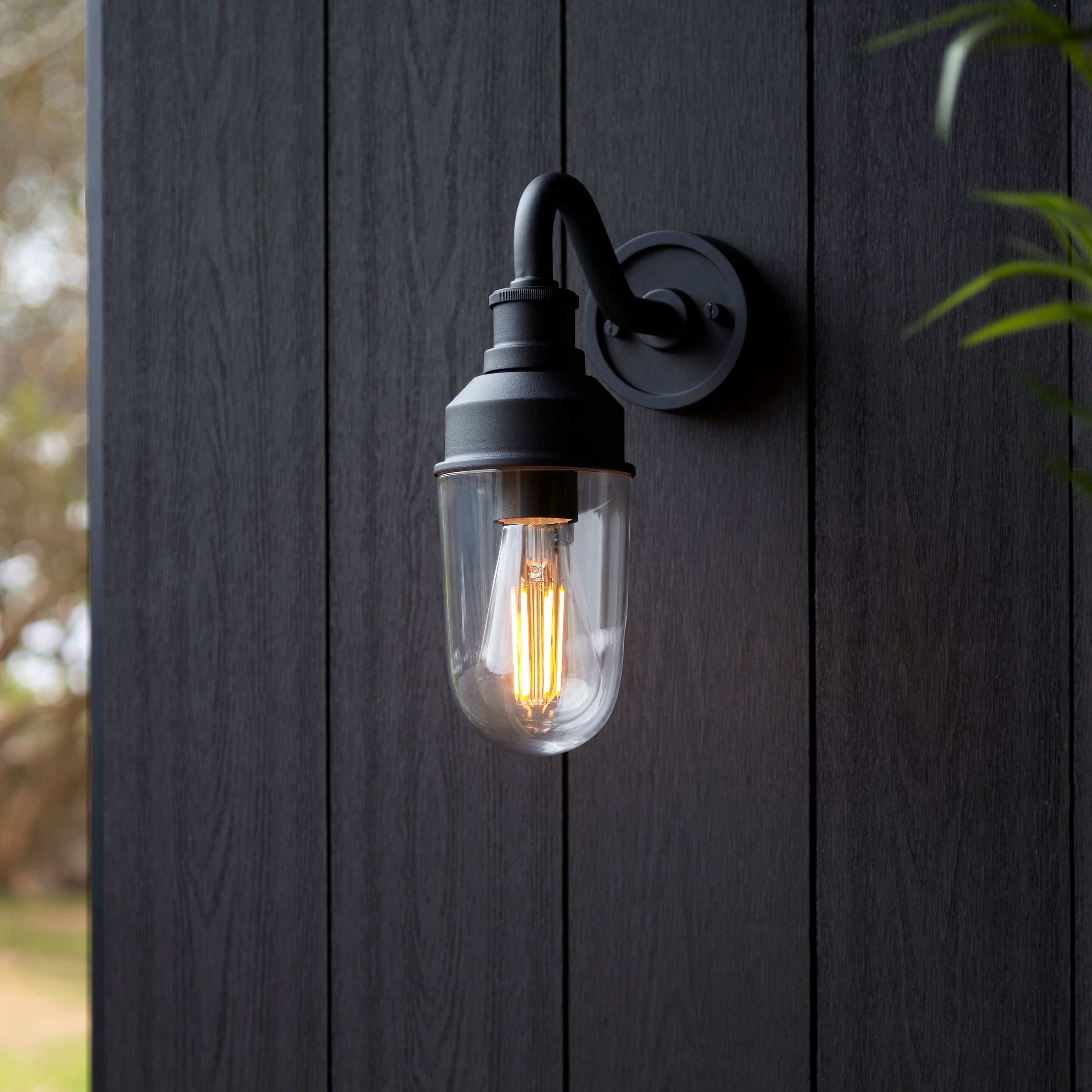 Utopia Frontier Curved Arm Wall Light - Textured Black & Clear Glass