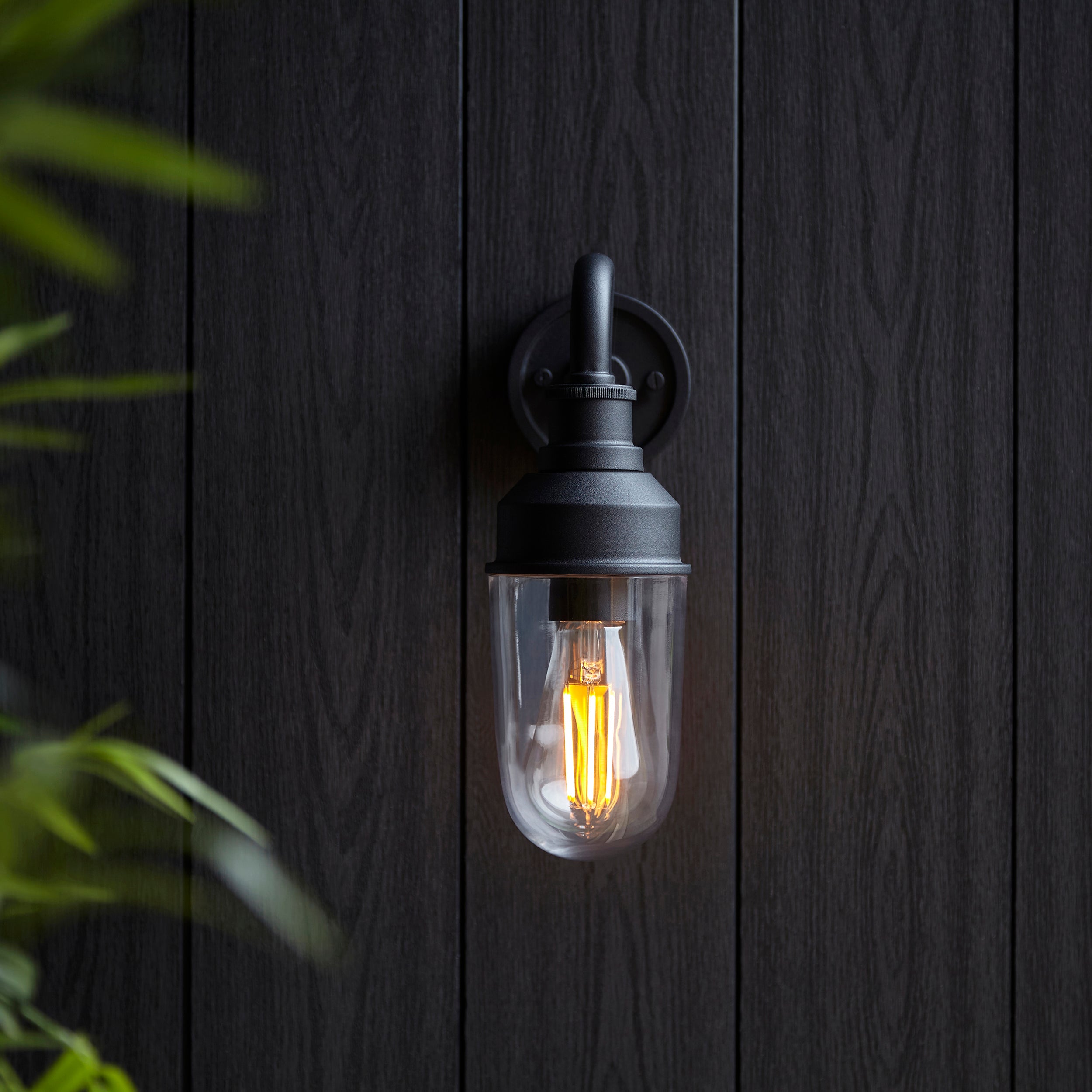 Utopia Frontier Curved Arm Wall Light - Textured Black & Clear Glass