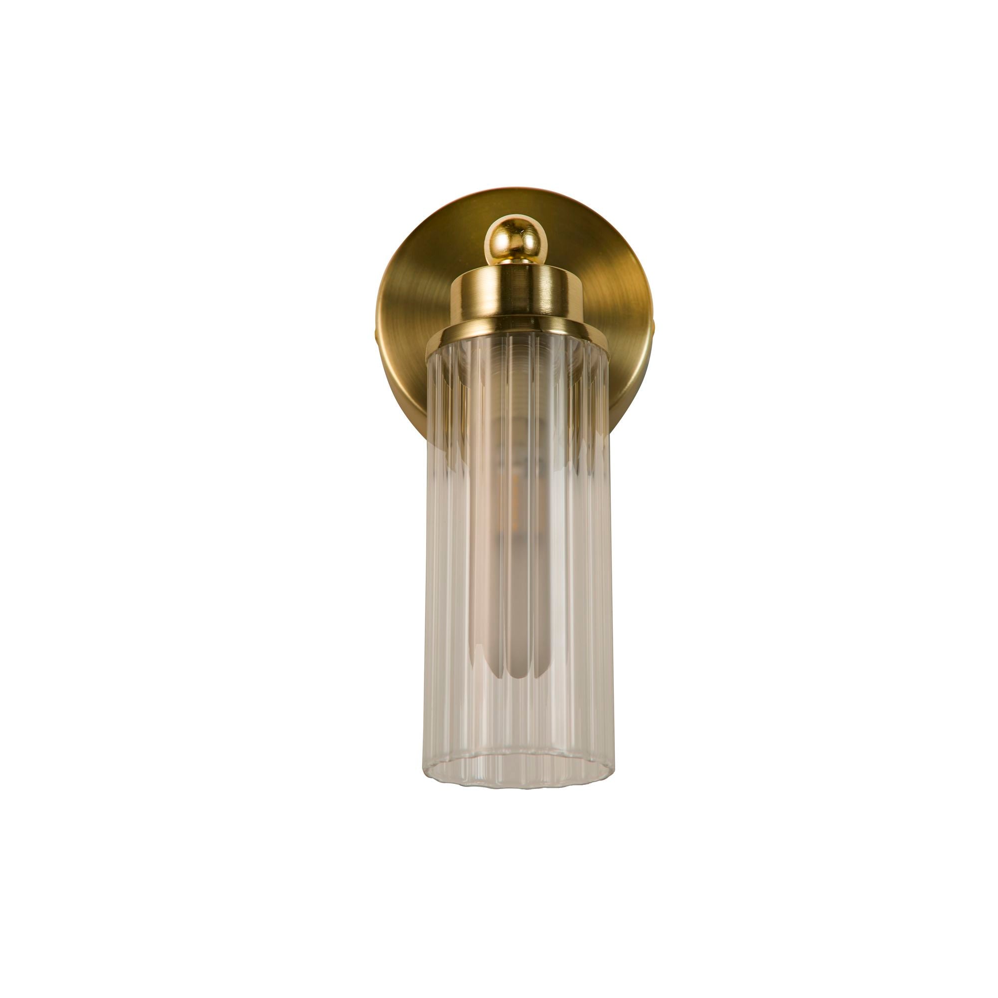 Searchlight Imperial 1 light wall light in satin brass with clear ribbed glass shade, lit, front studio shot