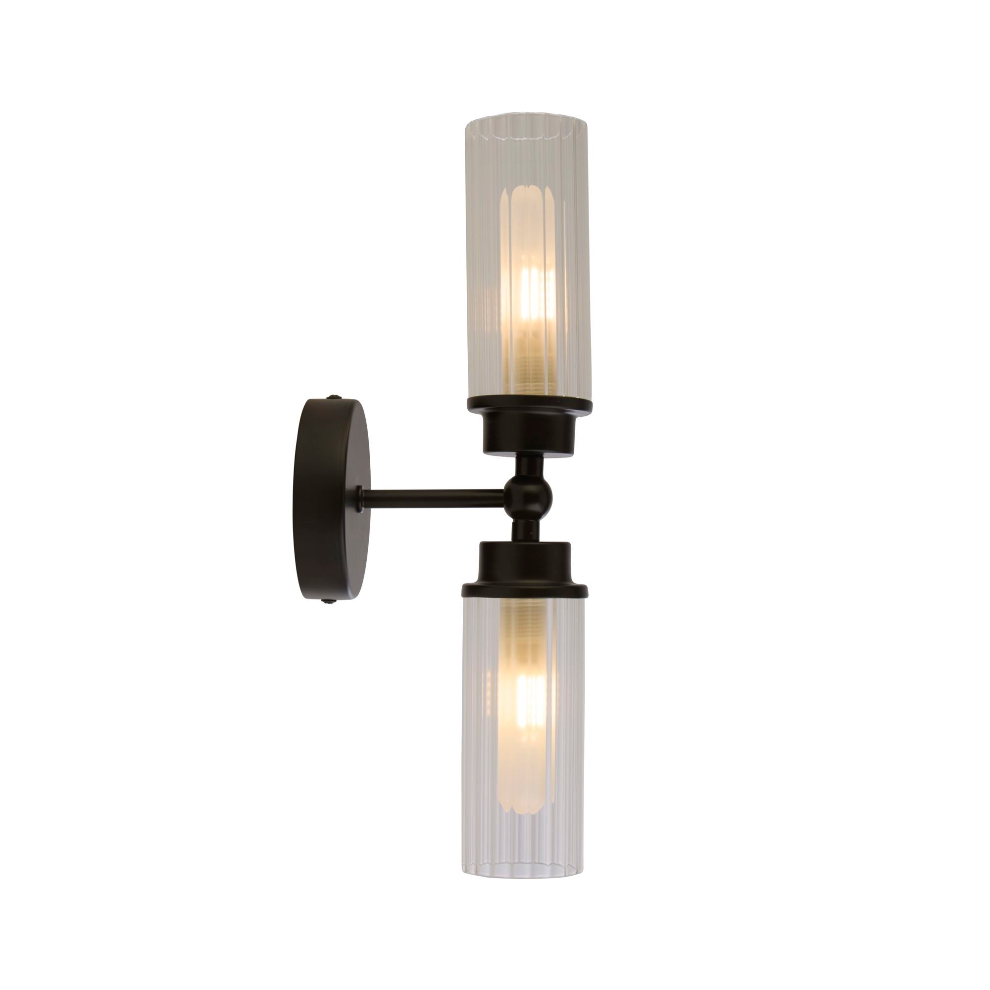 Searchlight Imperial 2 light wall light in matt black with two clear ribbed glass shades, both lit, straight on studio shot