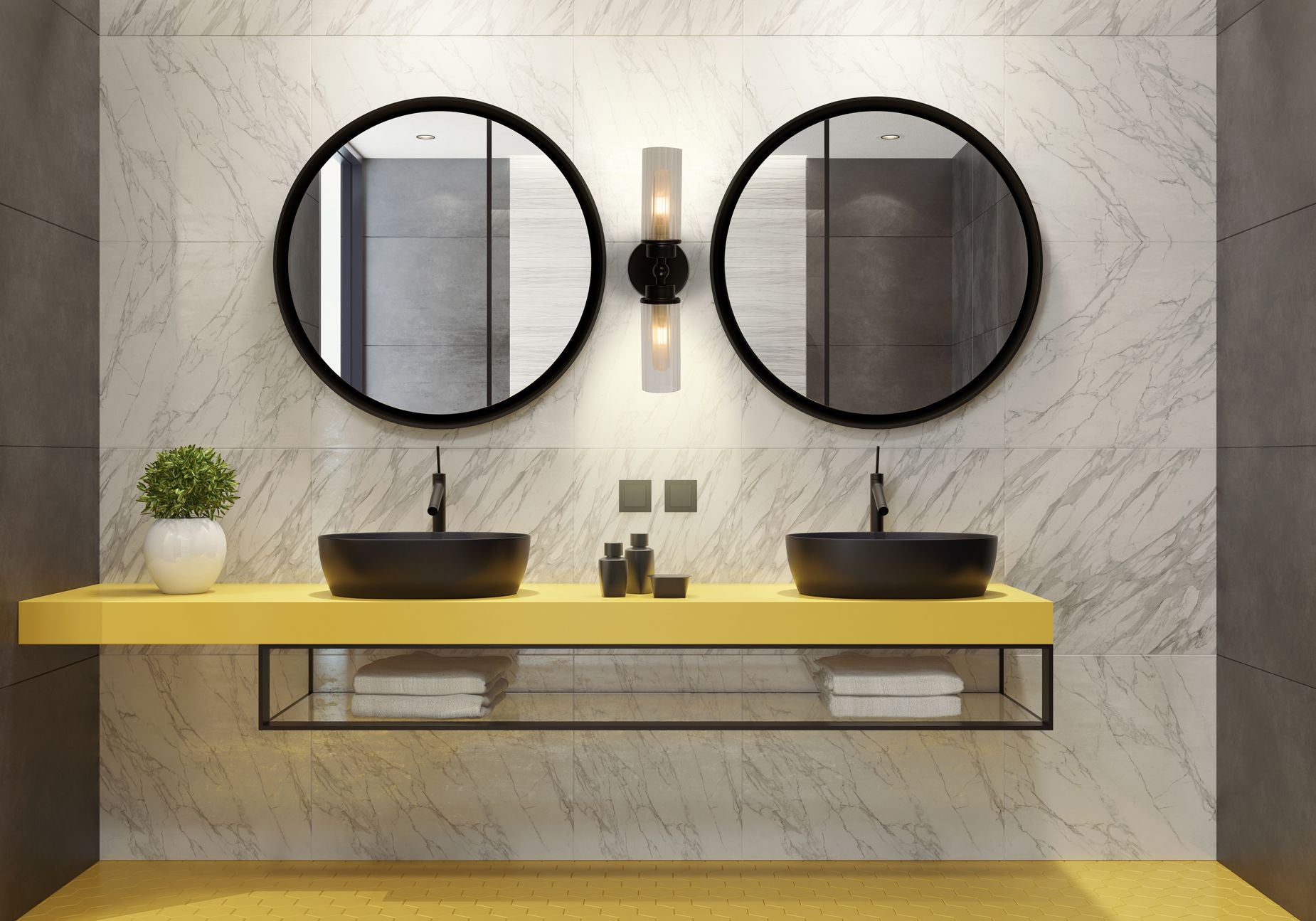 Searchlight Imperial 2 light wall light in matt black mounted vertically between two round mirrors above a double vanity with yellow countertop