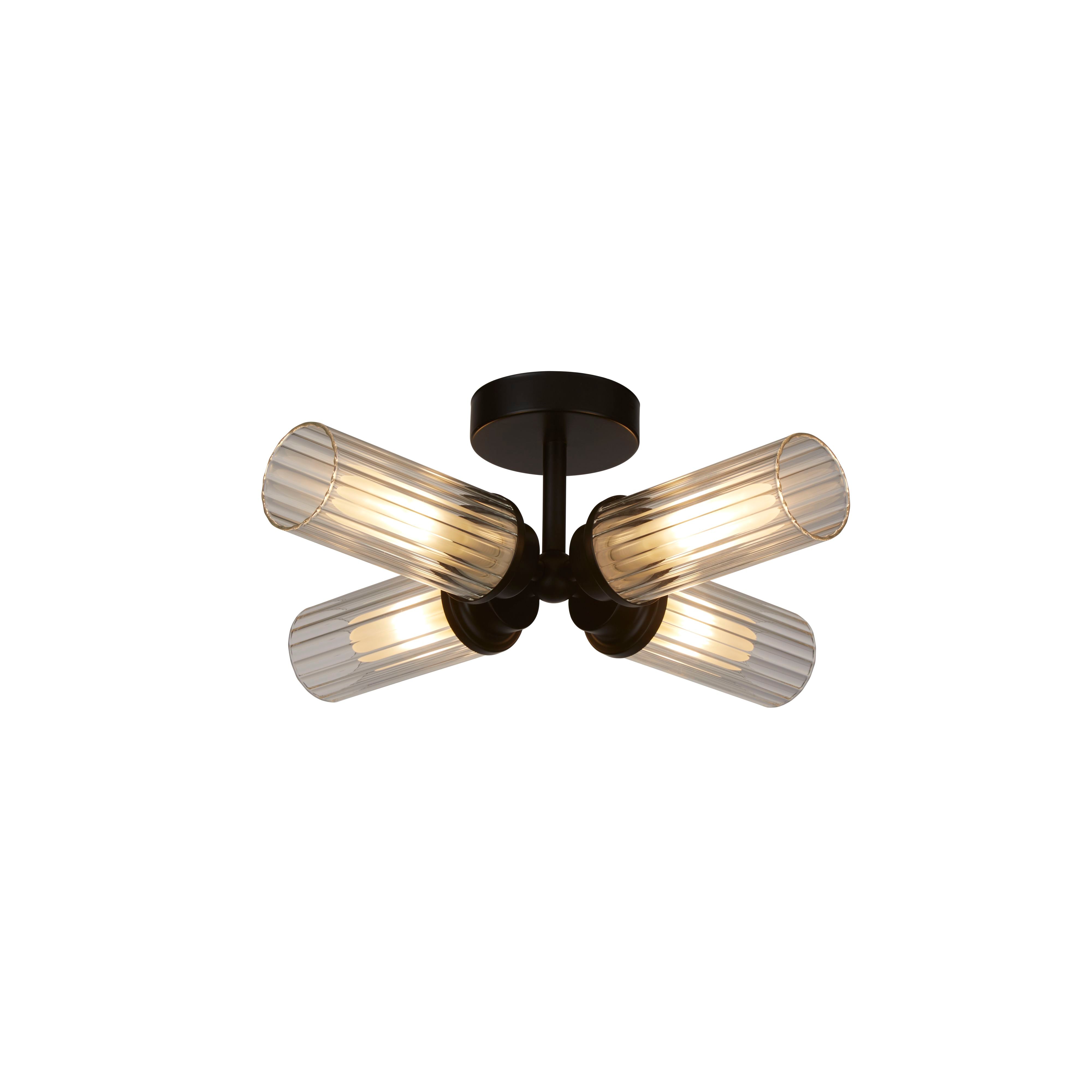 Searchlight Imperial 4 Light Flush ceiling light in black with clear ribbed glass, four shades fanned in a pinwheel, lit against a white background