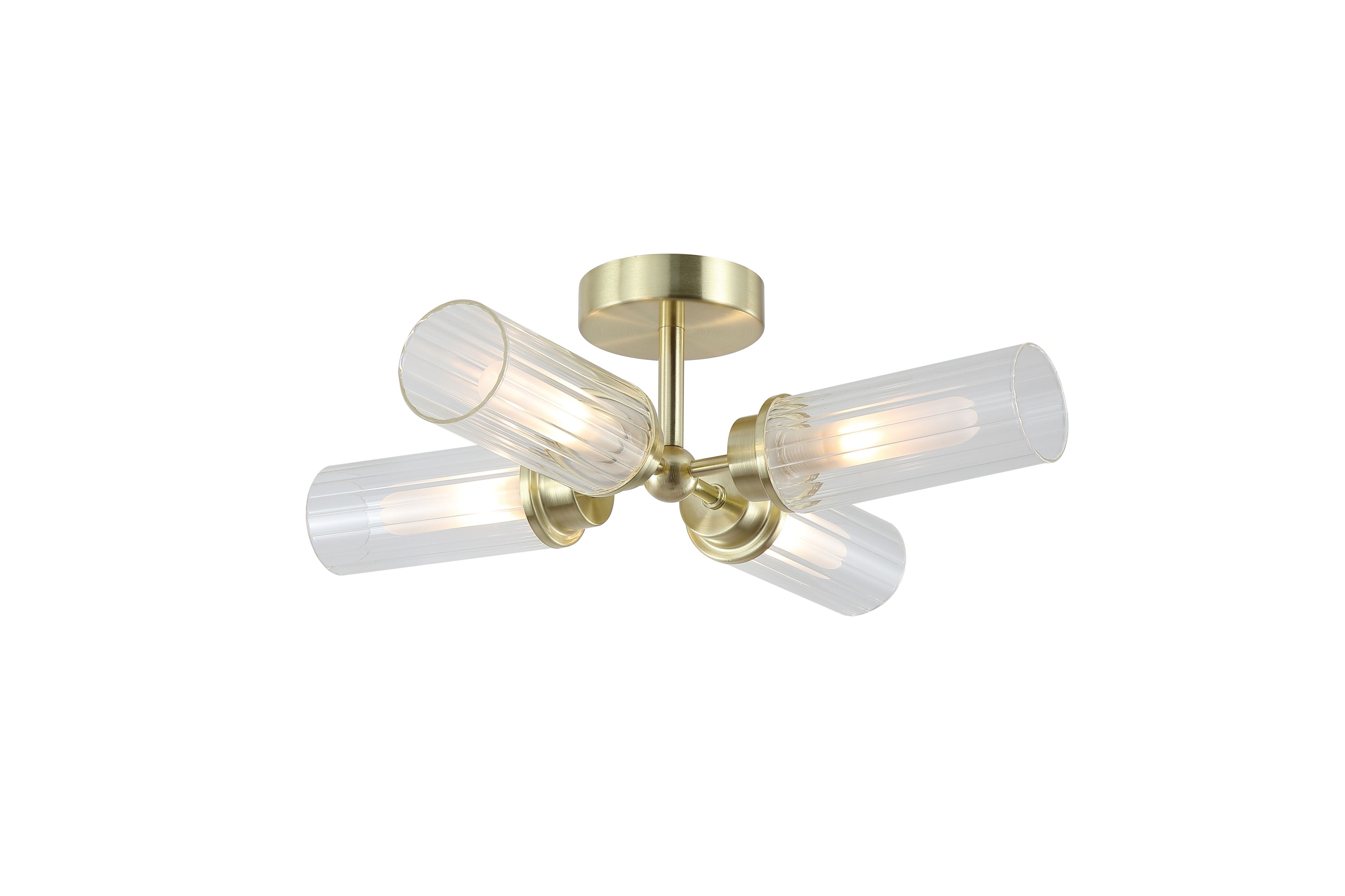 Searchlight Imperial 4 Light Flush ceiling light in satin brass with clear ribbed glass, four shades fanned in a pinwheel, lit against a white background