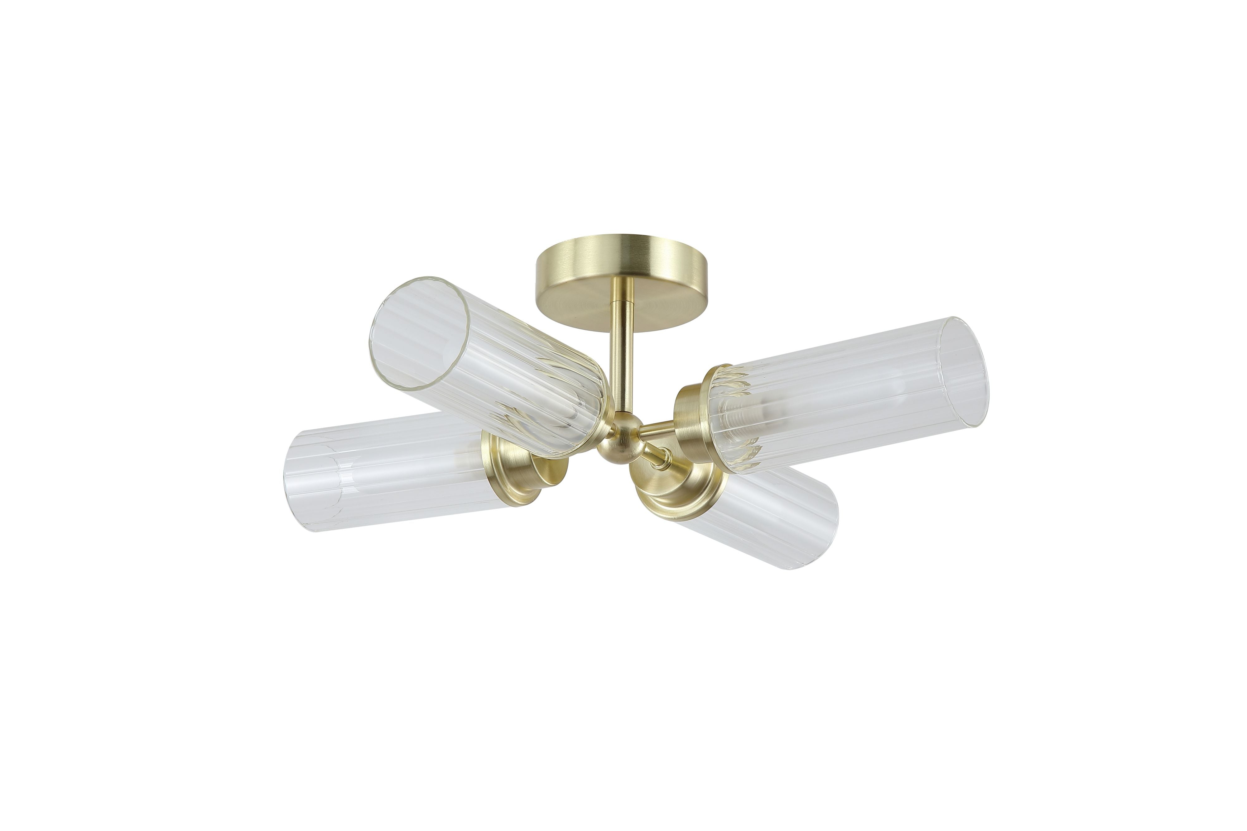 Searchlight Imperial 4 Light Flush ceiling light in satin brass with clear ribbed glass, straight on view showing the central ceiling rose