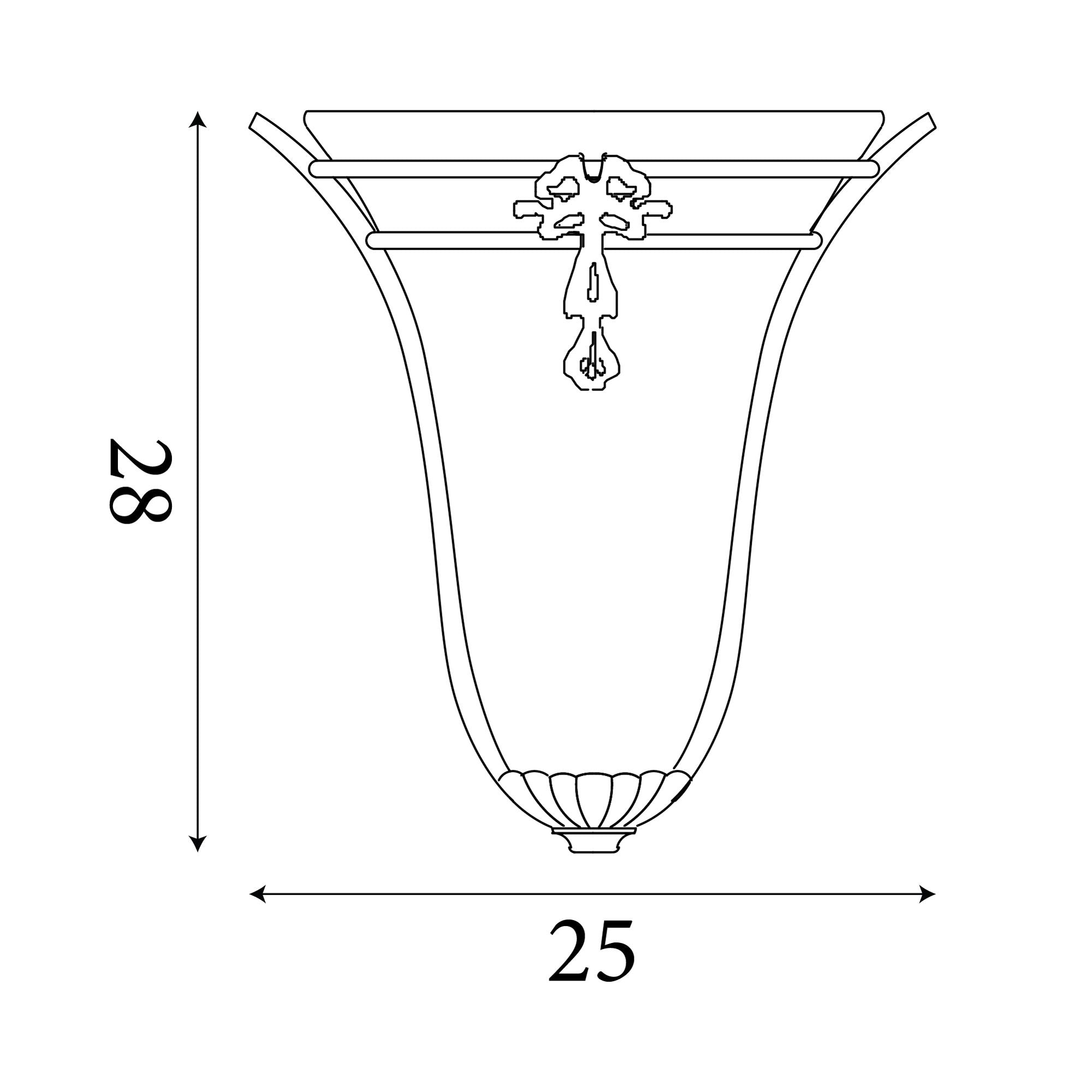 Line drawing of the Nashville wall light showing dimensions of 28cm height and 25cm width