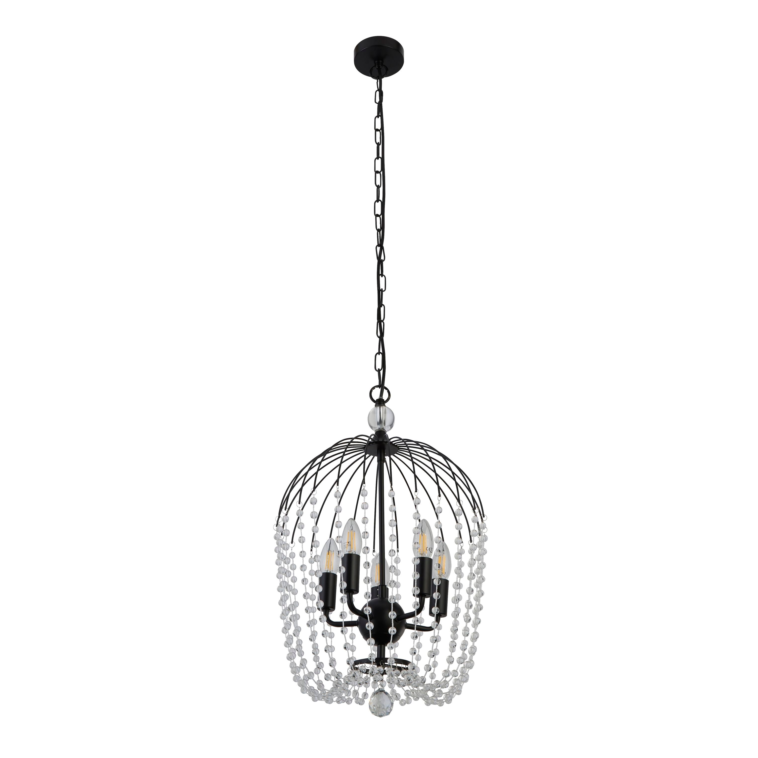 Shower 5 light pendant in matt black on its full chain drop, showing the ceiling rose and ball finial