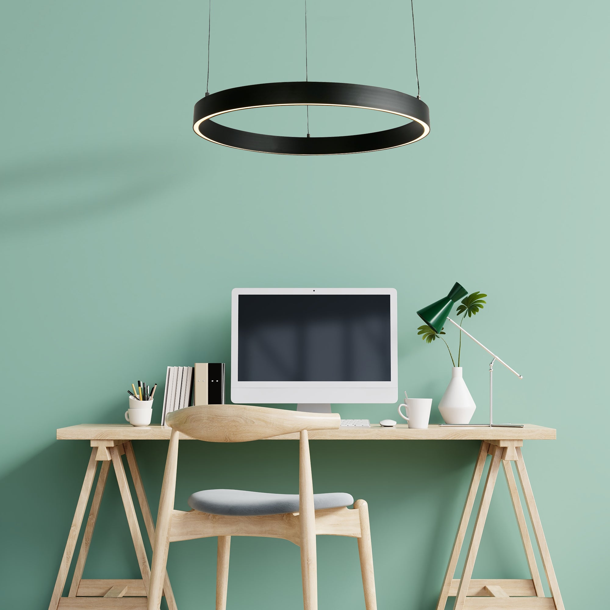 Searchlight Lance 640mm Gesture Control Pendant - Black Metal & Opal Acrylic