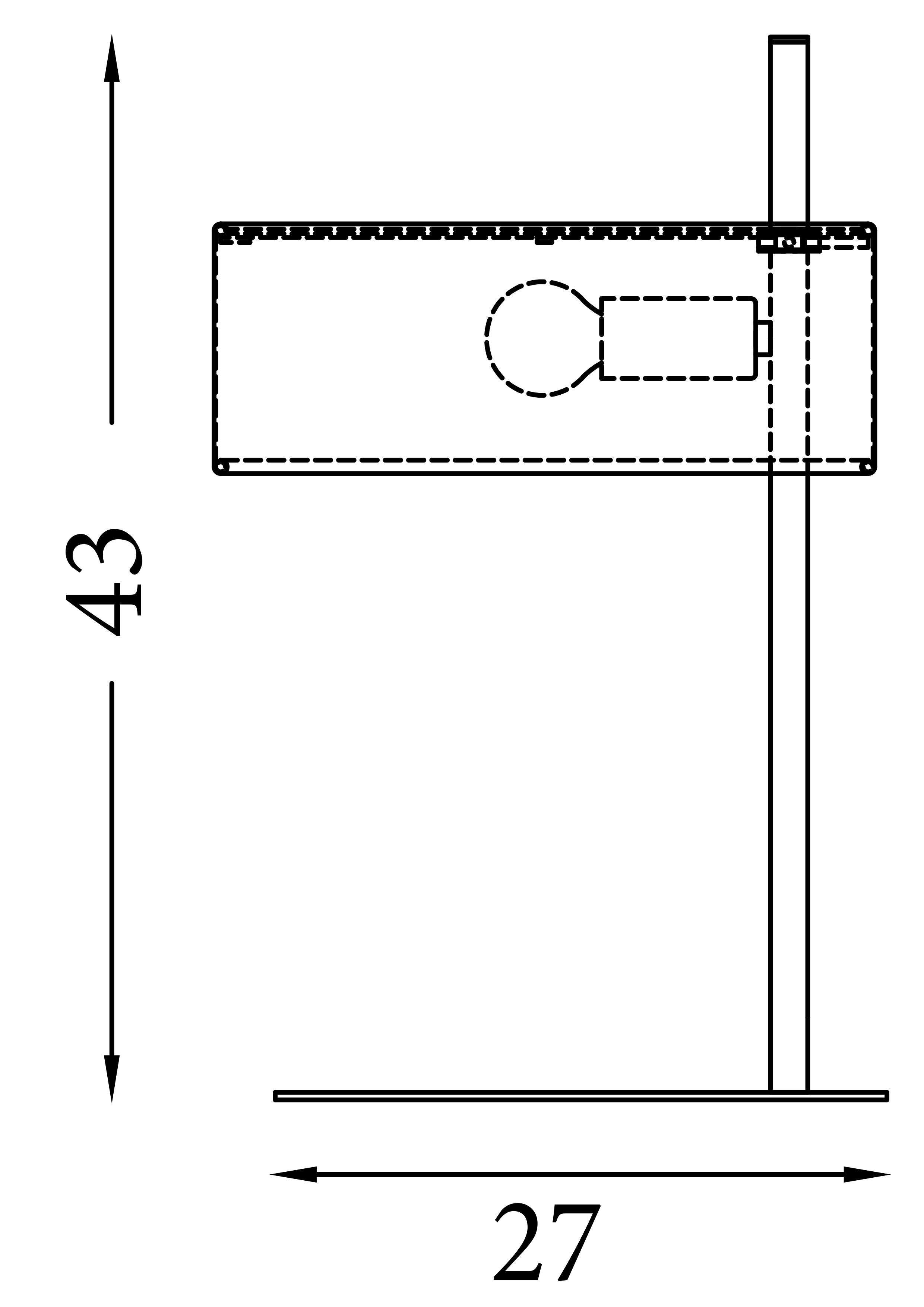 Line drawing of the Searchlight Hessian table lamp showing dimensions of 43cm height and 27cm shade width
