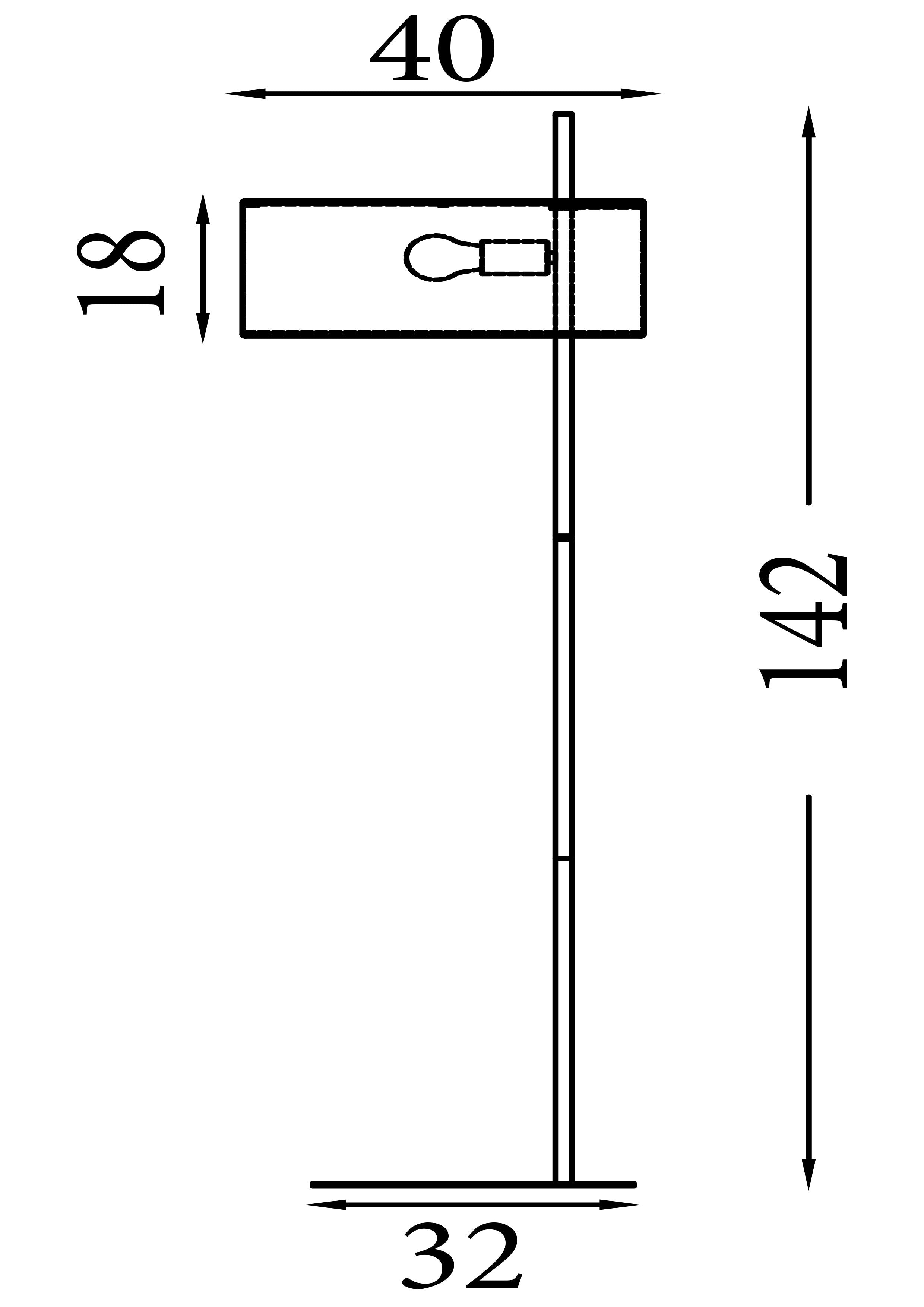 Line drawing of the Searchlight Hessian floor lamp showing a height of 142cm, shade dimensions of 40cm by 18cm and a base width of 32cm
