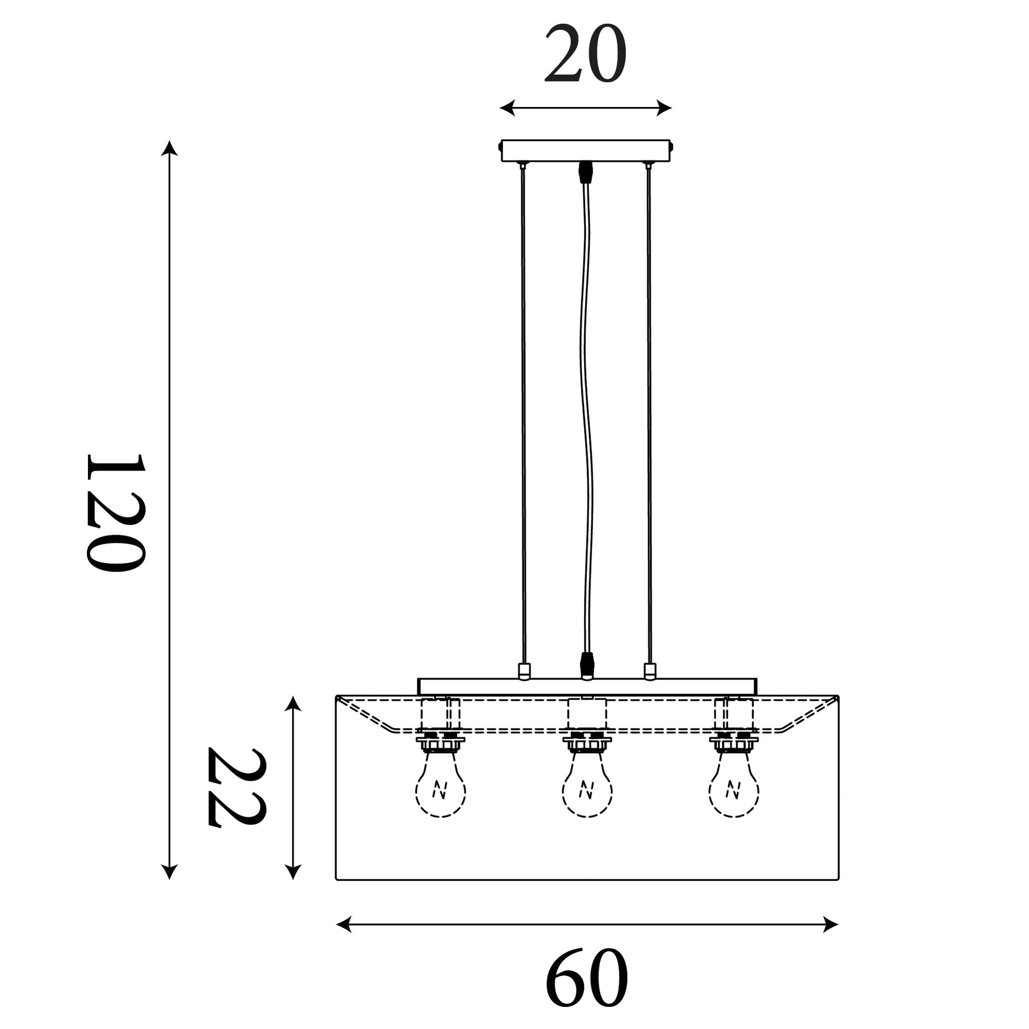 Line drawing of the Searchlight Hessian 3 light pendant showing a 60cm long shade, 22cm shade height, 20cm ceiling plate width and maximum drop of 120cm
