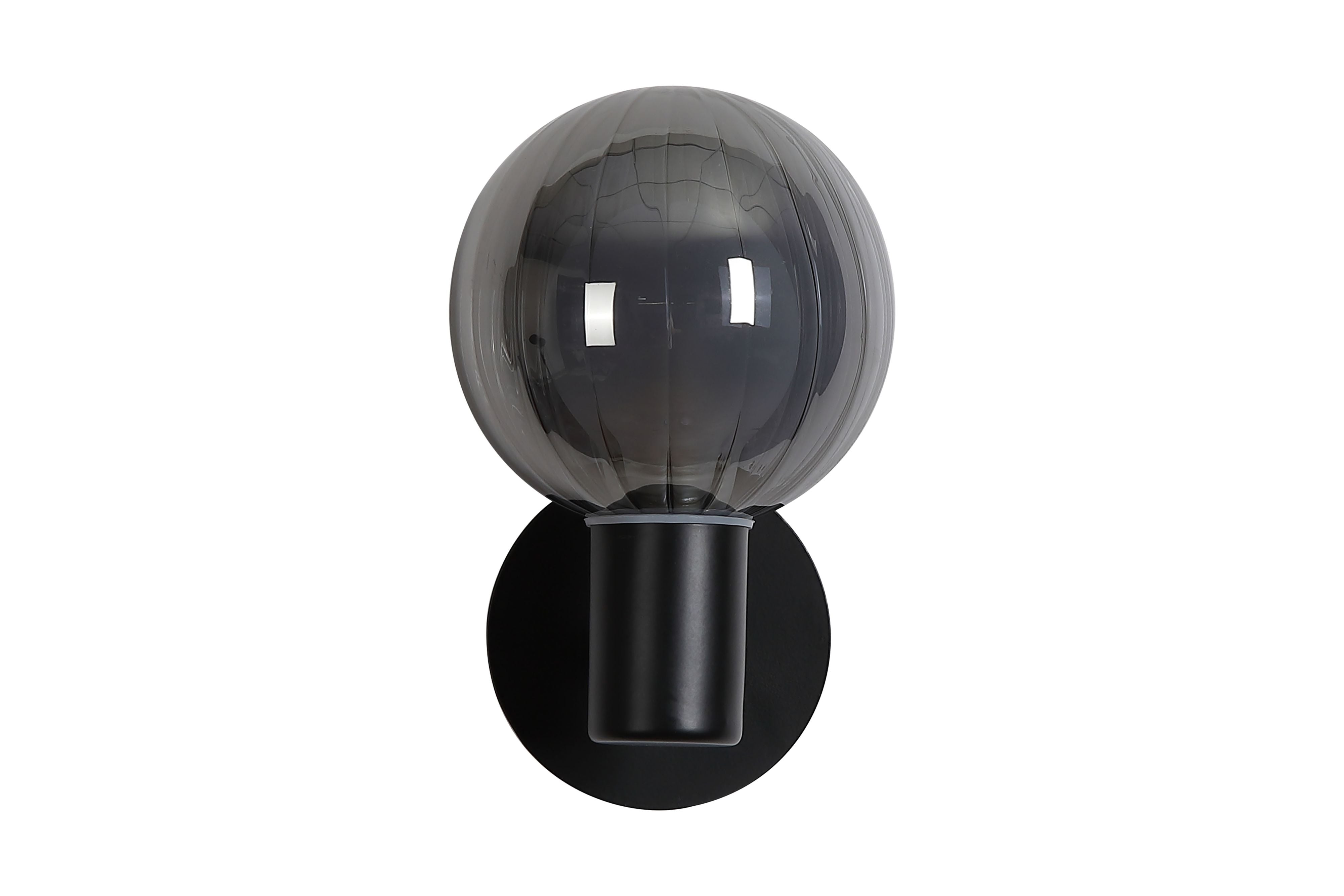 Searchlight Luminsphere wall light in matte black, straight on studio shot of the unlit smoked glass sphere showing its ribbed texture