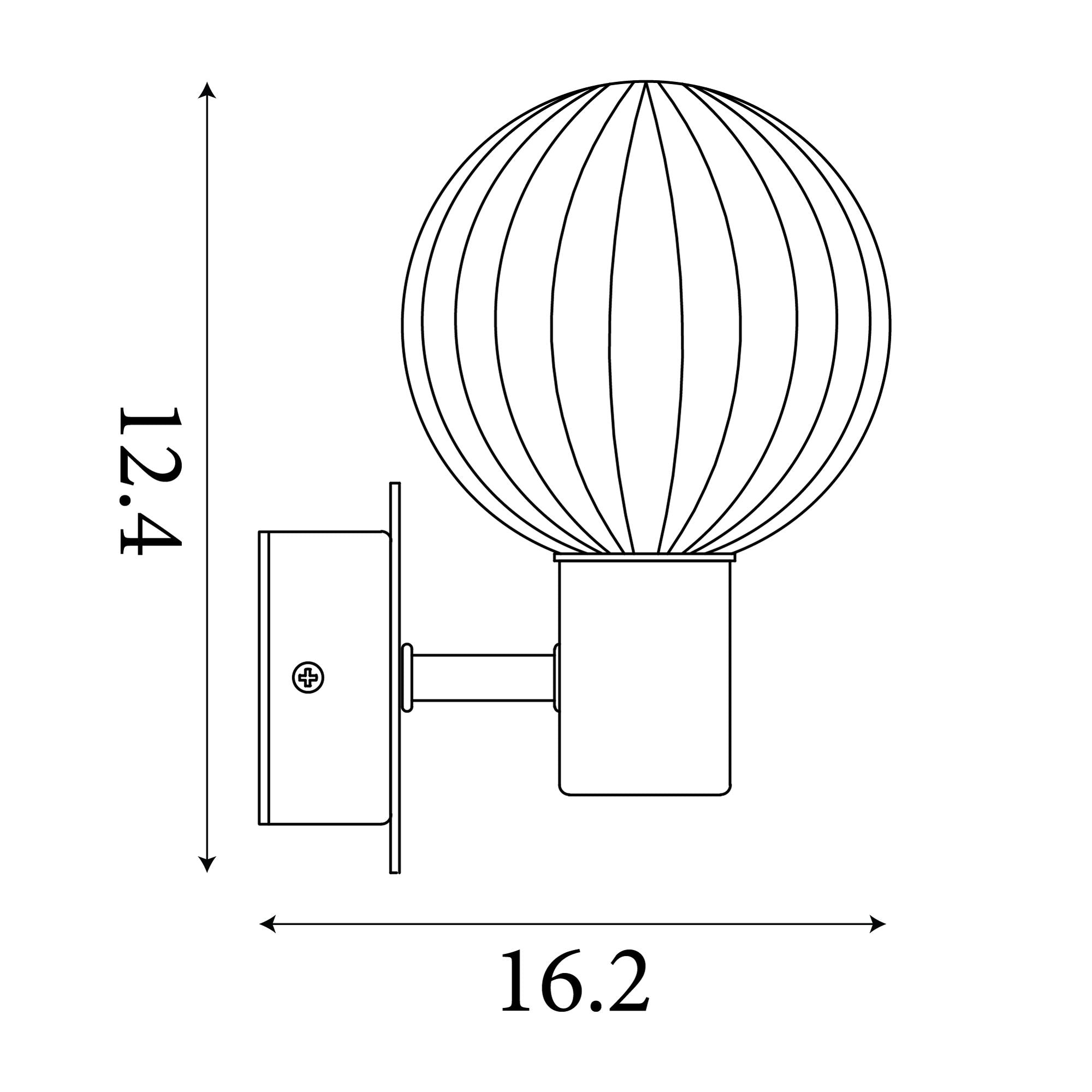Technical line drawing of the Searchlight Luminsphere 1 Light Wall Light showing dimensions of 12.4cm height and 16.2cm projection