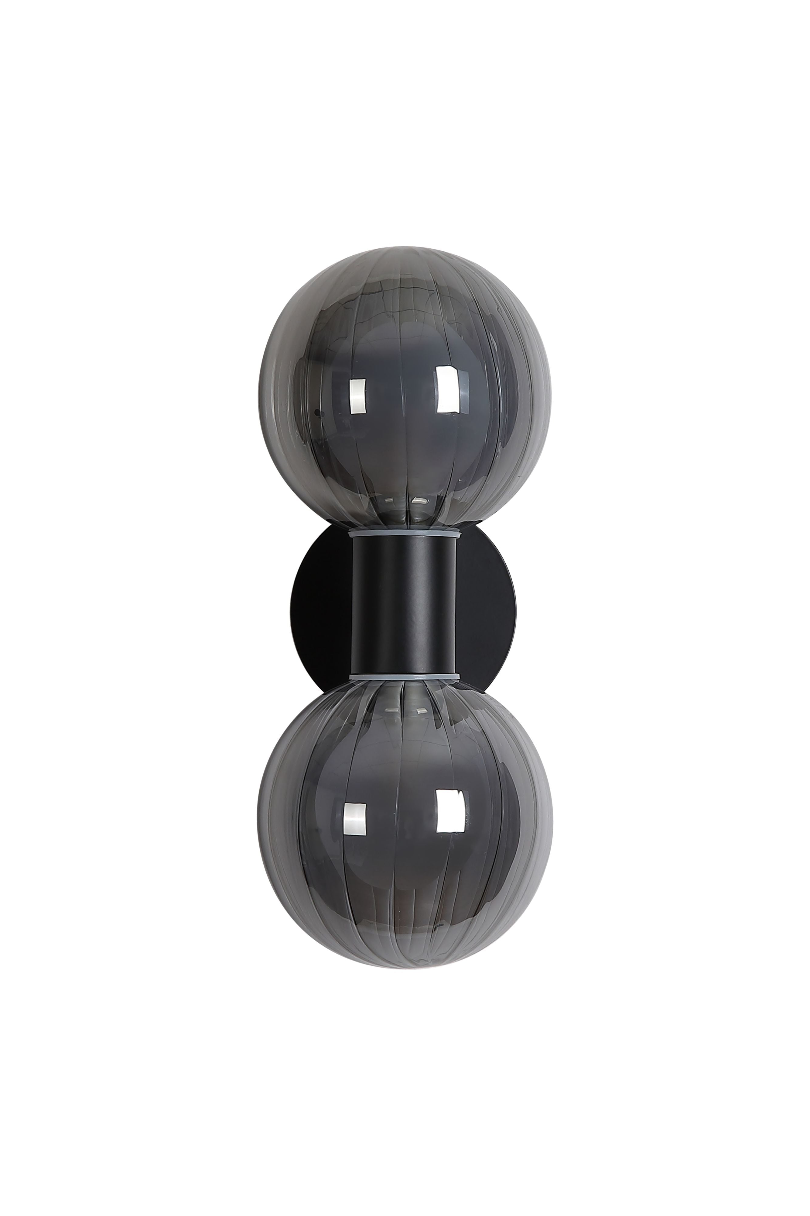 Searchlight Luminsphere 2 Light Wall Light in matte black with two smoked ribbed glass globes, lit, front facing studio shot