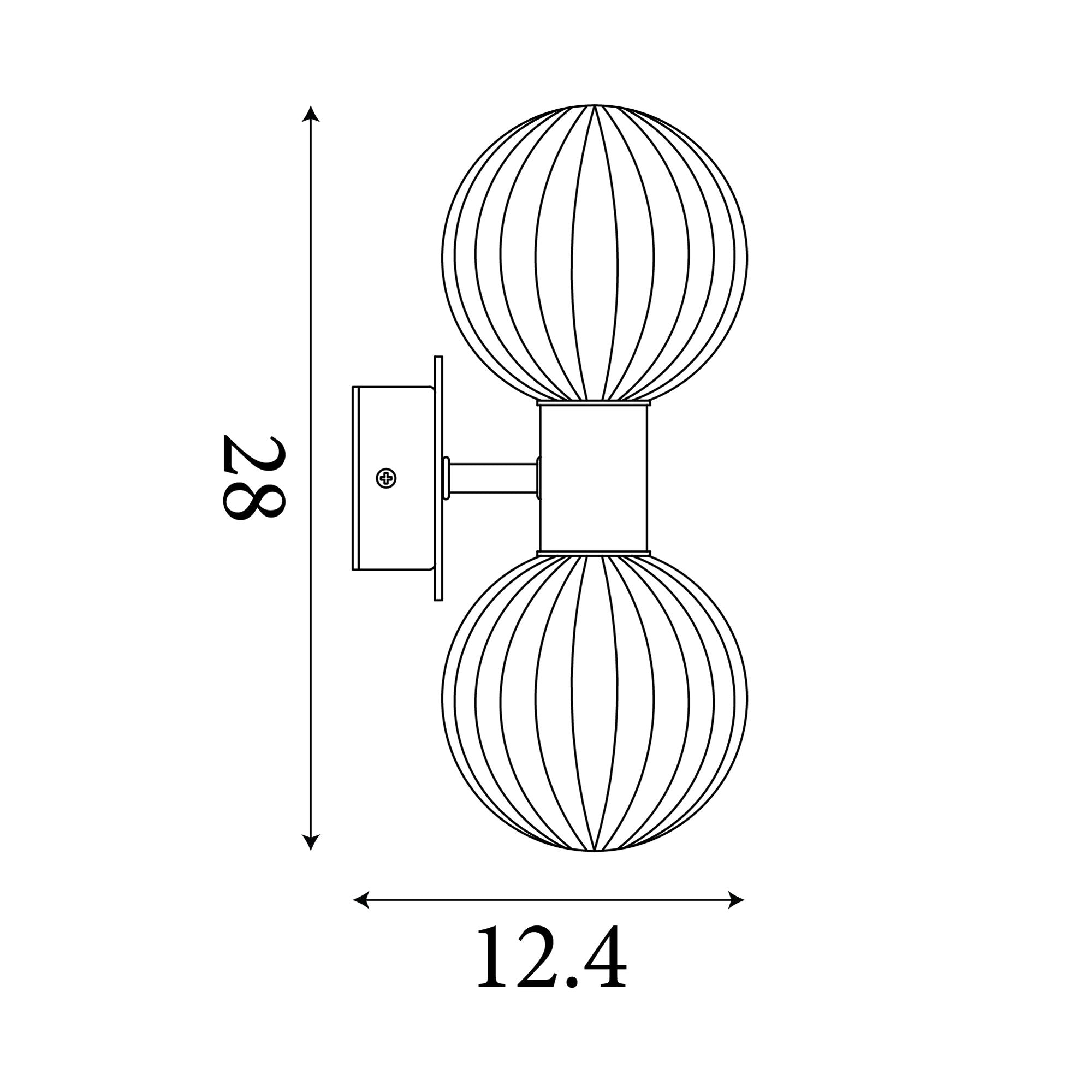 Technical line drawing of the Searchlight Luminsphere 2 Light Wall Light showing dimensions of 28cm height and 12.4cm projection