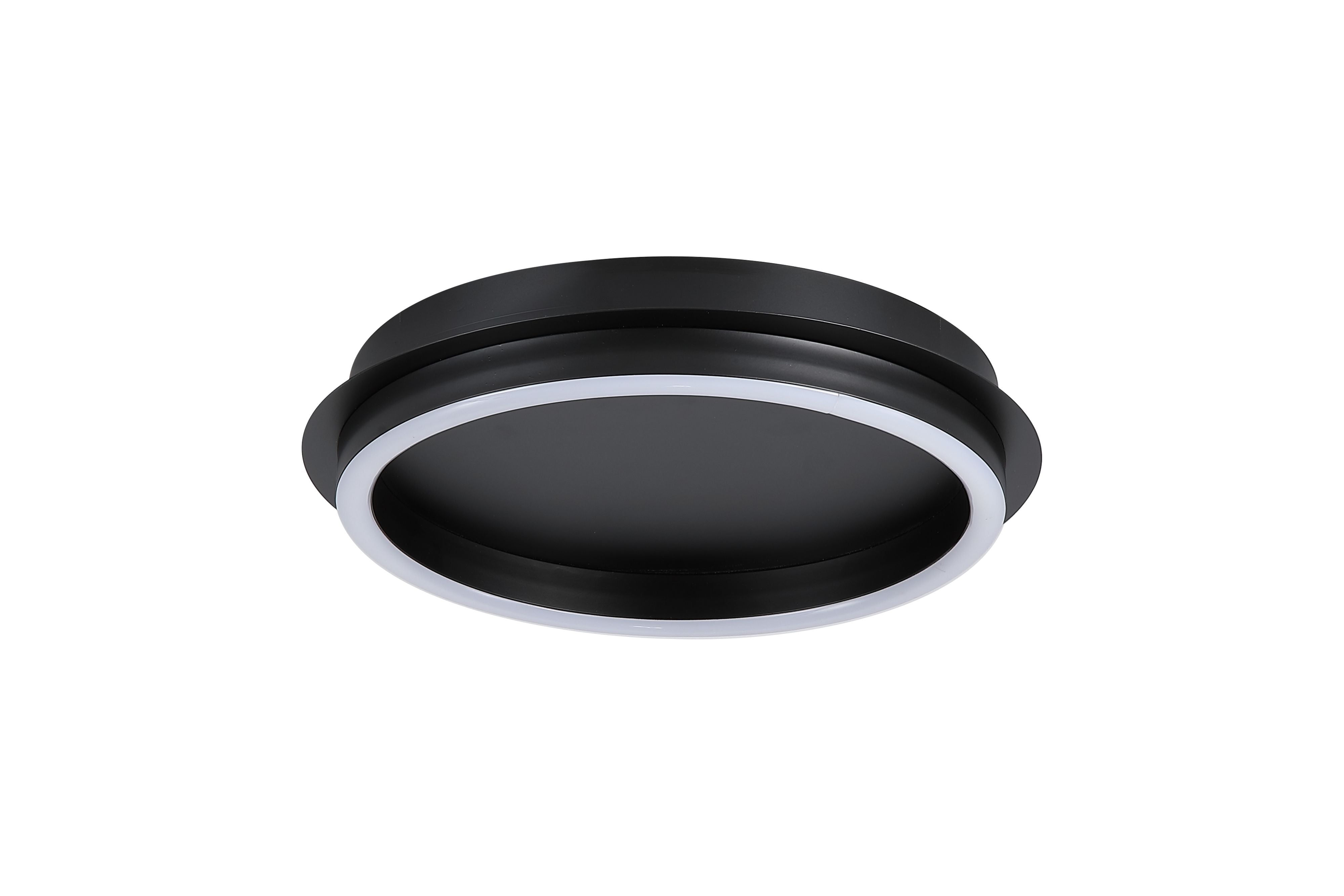 Searchlight Stellar LED ceiling lamp in black with acrylic, alternate angle showing the black centre disc and glowing outer ring