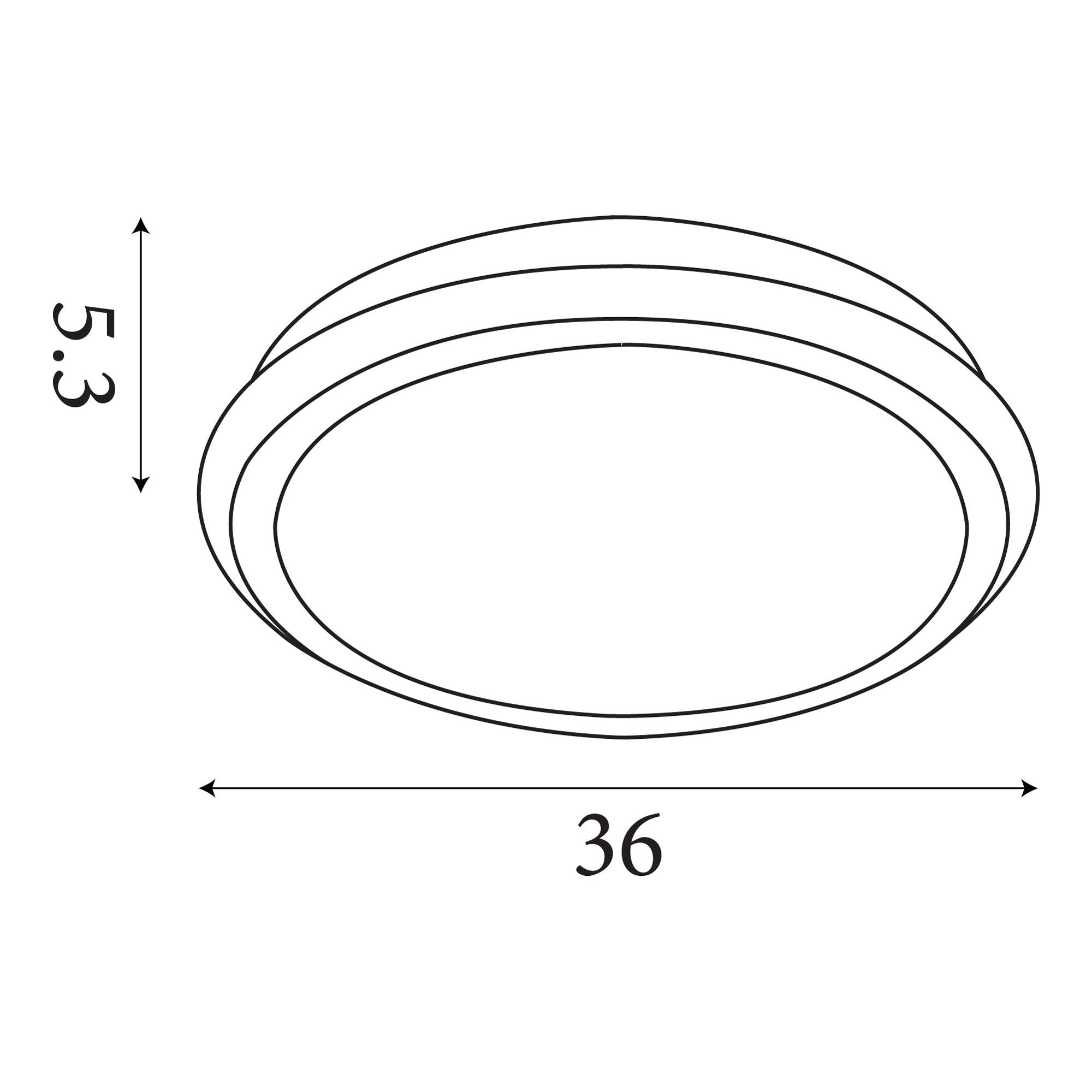 Technical line drawing of the Searchlight Stellar LED ceiling lamp showing a 36cm diameter fitting that is 5.3cm high