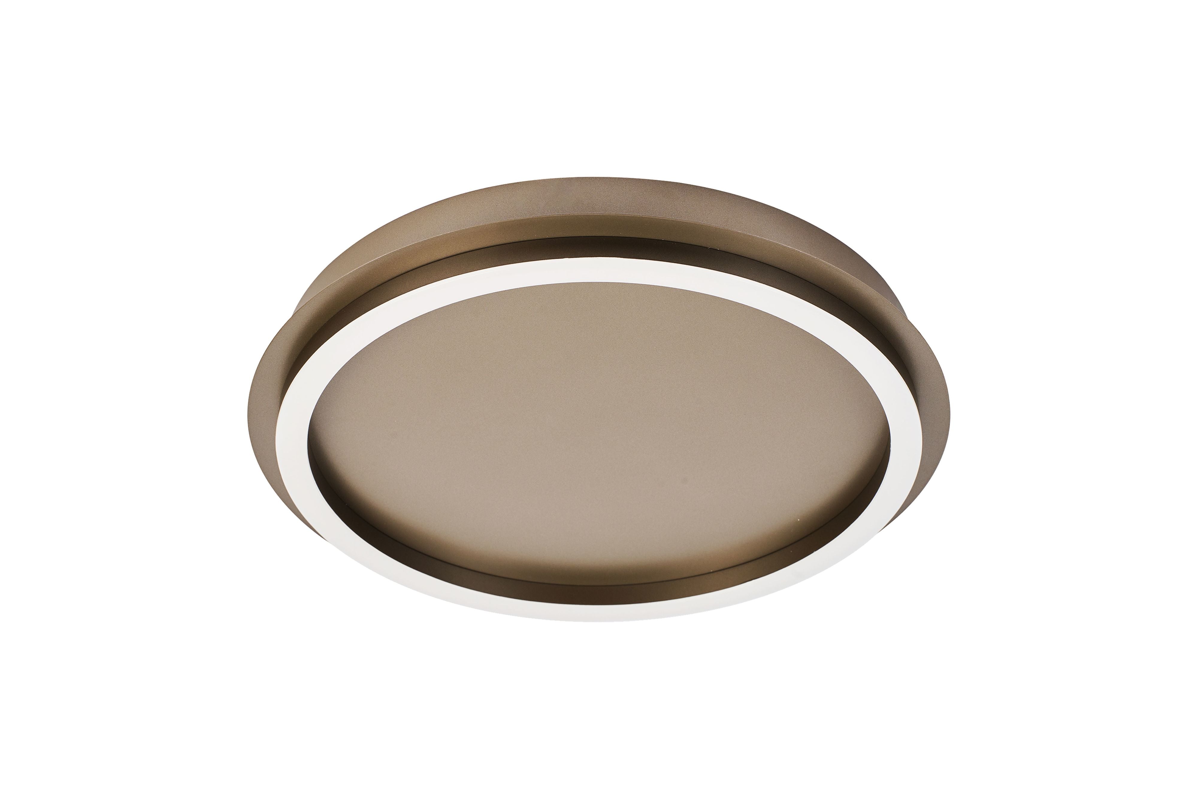 Searchlight Stellar LED ceiling lamp in latte metal with acrylic, alternate angle showing the warm bronze toned centre disc and glowing outer ring