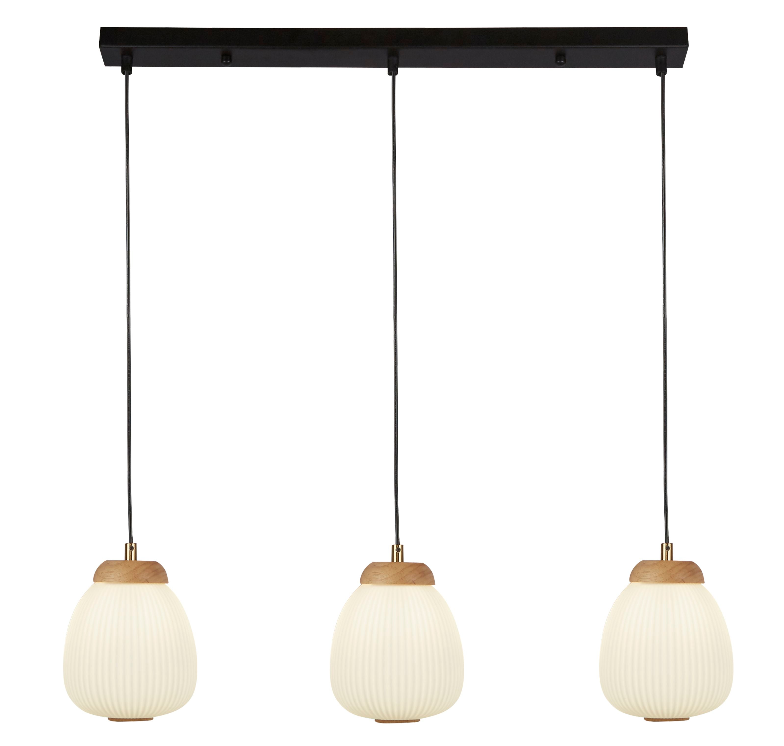Searchlight Ella 3 Light Pendant with black bar and warm white ribbed glass shades, front view on a white background, lit