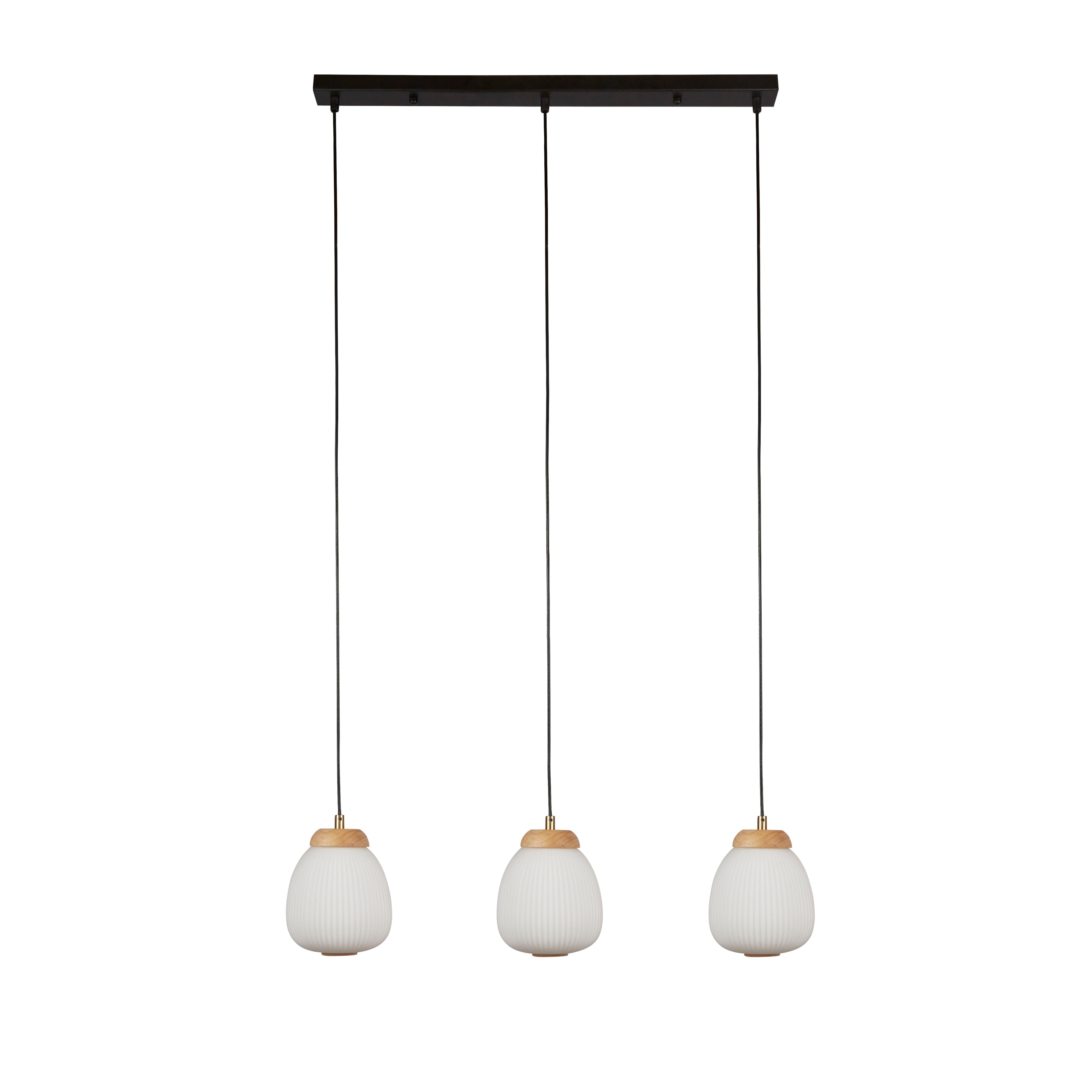 Searchlight Ella 3 Light Pendant with black bar and warm white ribbed glass shades, front view on a white background