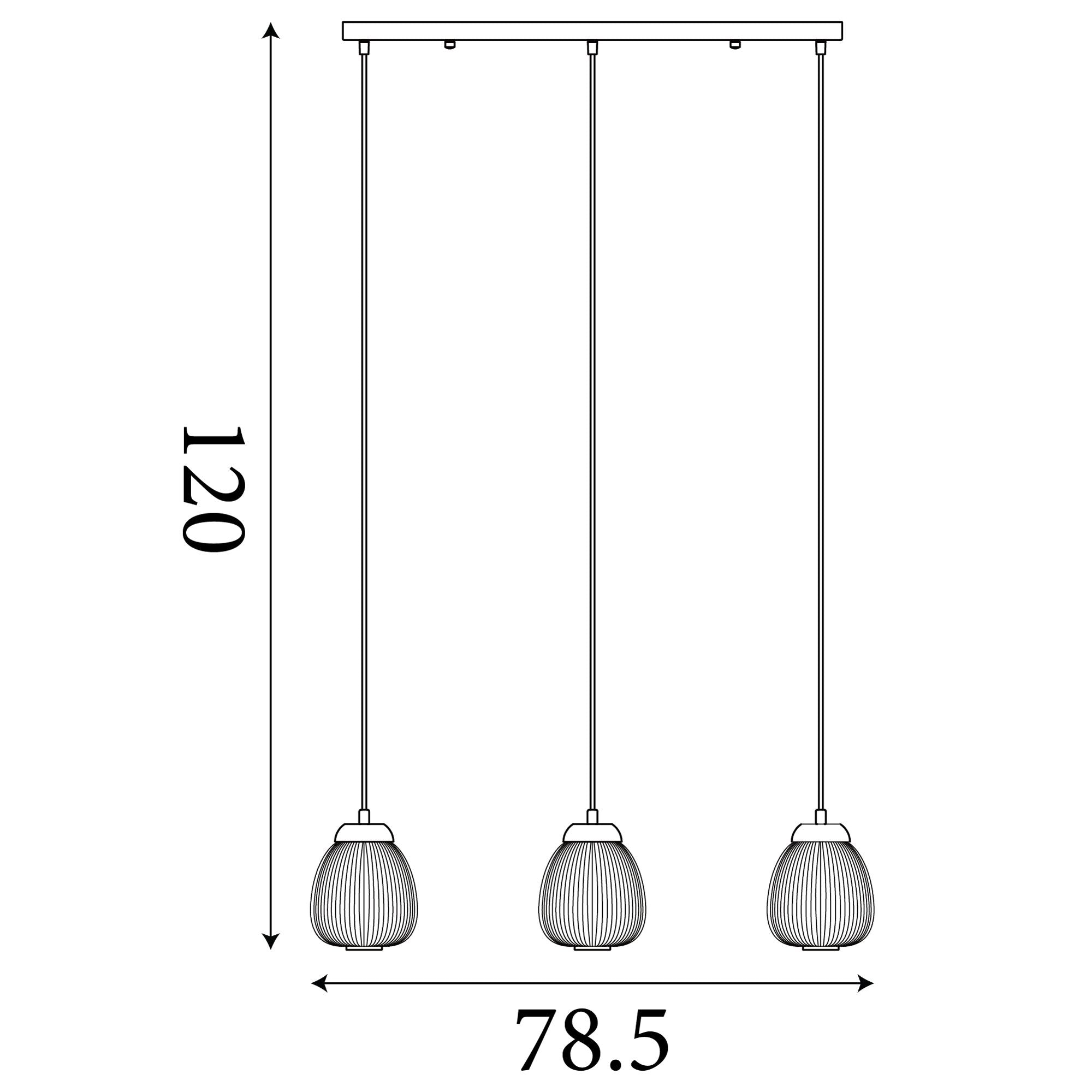 Line drawing of the Searchlight Ella 3 Light Pendant showing a bar length of 78.5cm and a maximum drop of 120cm