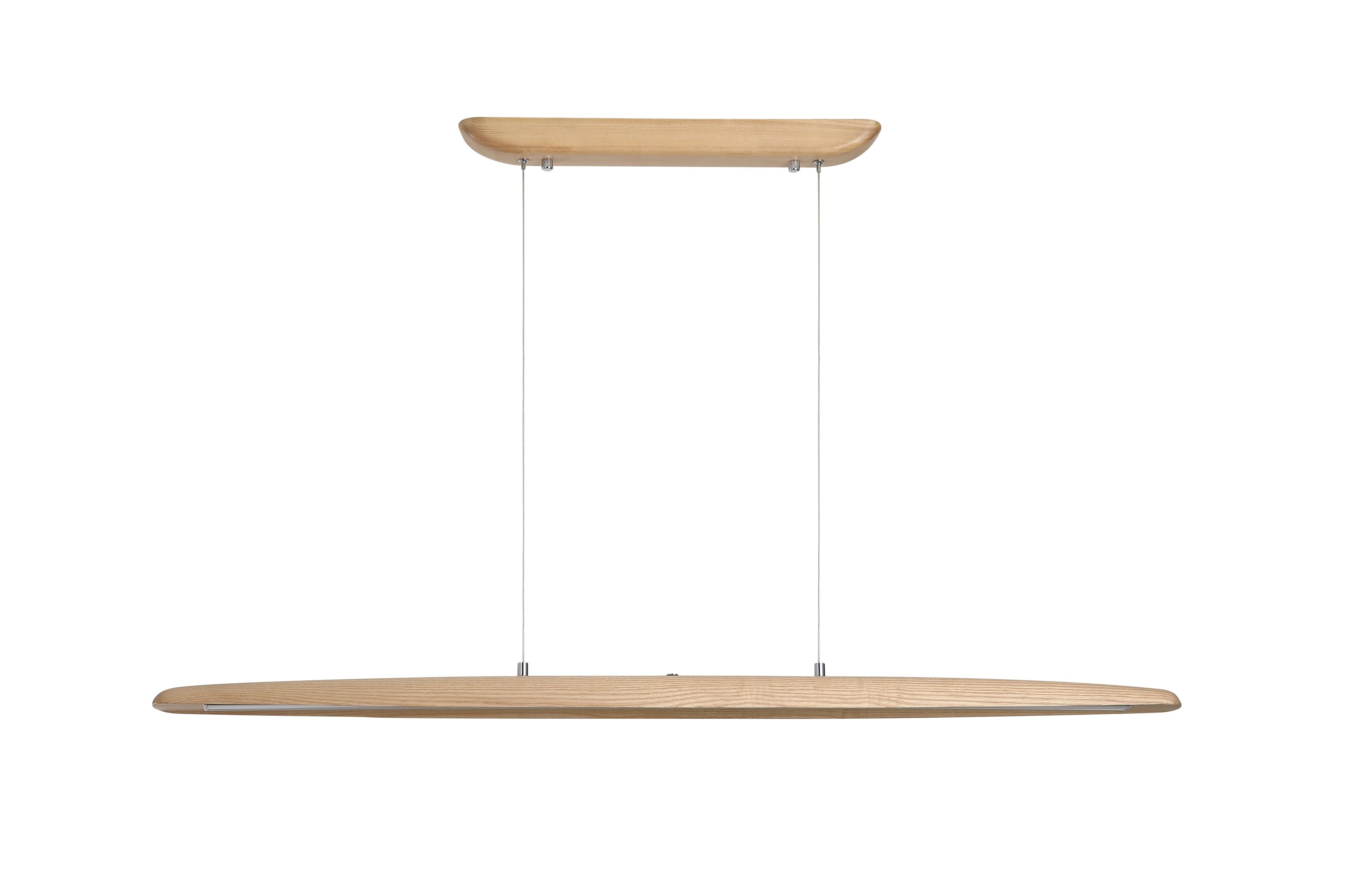 Searchlight Kenzie LED pendant in ash wood, front view of the pendant lit, showing the white acrylic diffuser along its underside