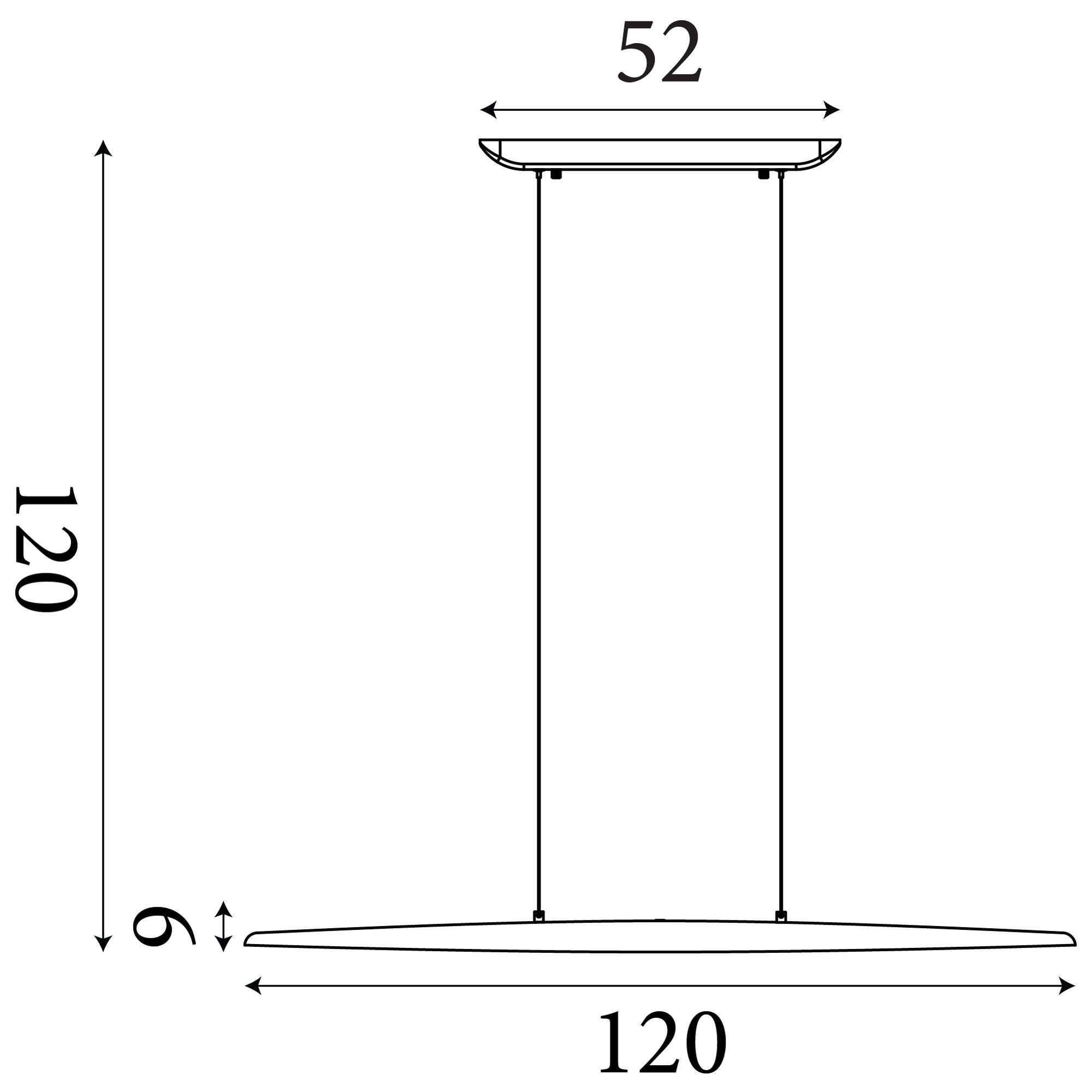 Dimension diagram of the Searchlight Kenzie LED pendant showing a 120cm length, 52cm canopy width and 120cm drop