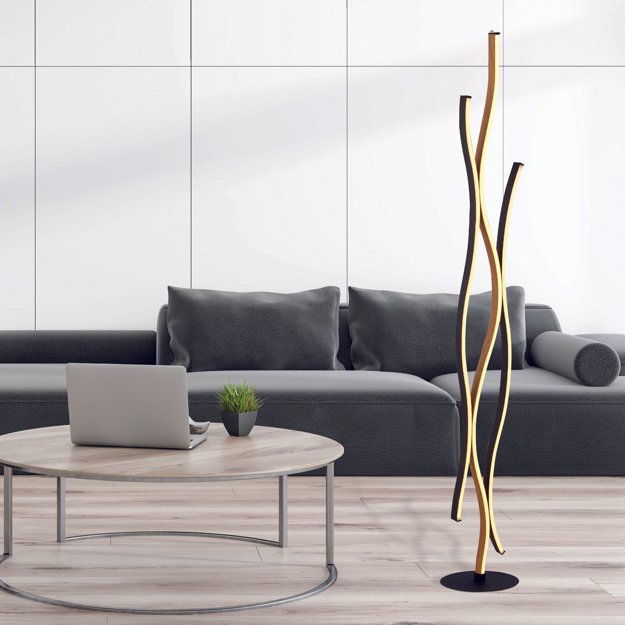Searchlight Belmont Swirl LED Floor Lamp - Black With Wood Effect