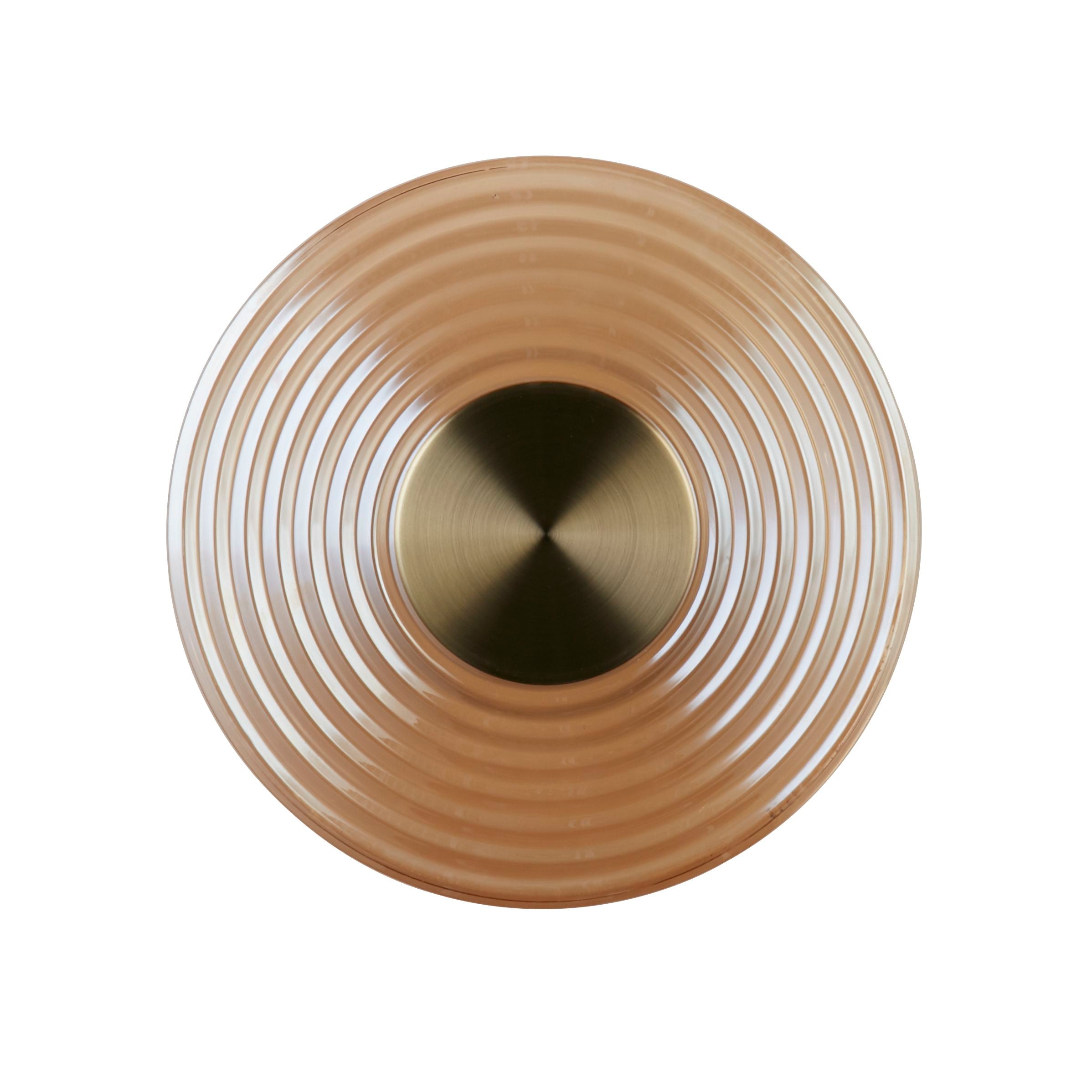 Searchlight Cleo LED wall light in antique brass and amber glass, front on view on a white background showing the warm amber glow