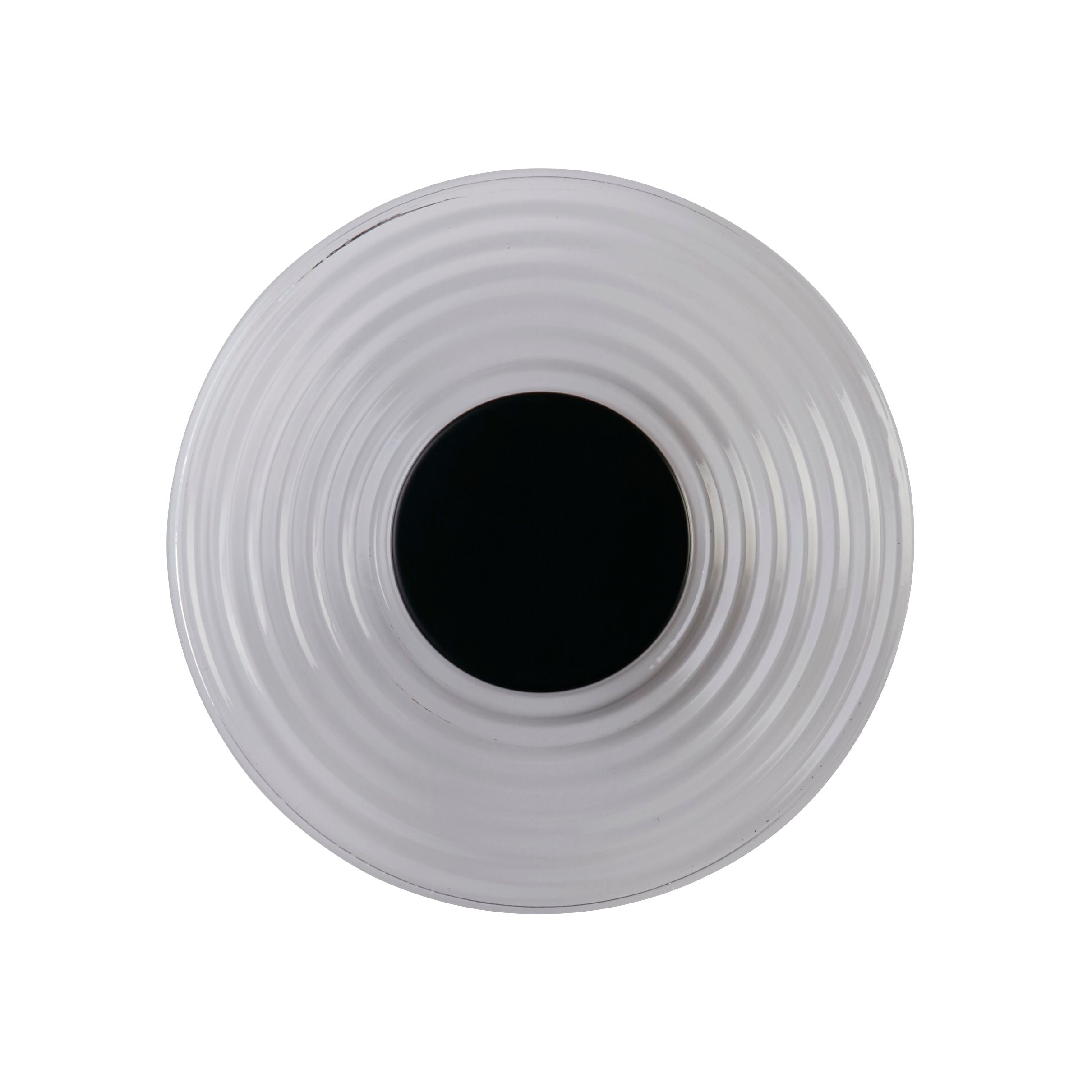 Searchlight Cleo LED wall light in matt black and clear glass, front on view on a white background showing the bright white glow