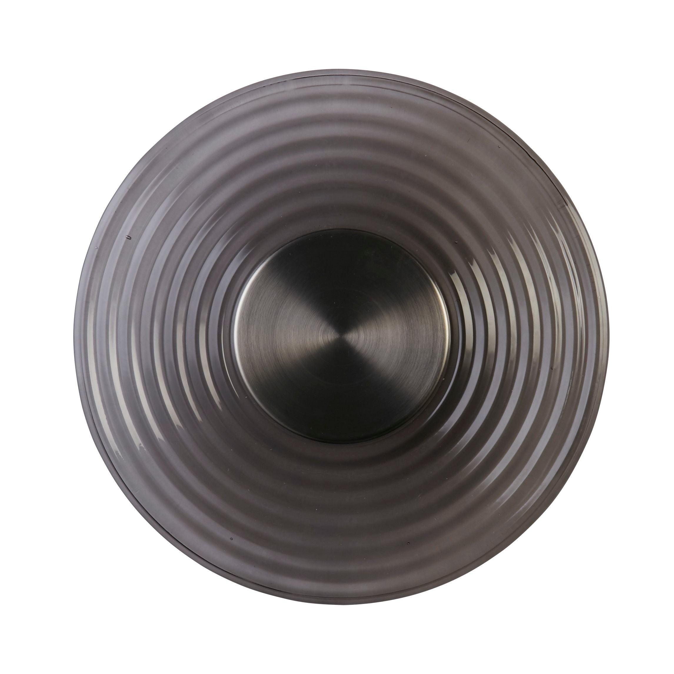 Searchlight Cleo LED wall light in satin nickel and grey glass, angled view showing the concentric ridges and satin nickel centre disc, unlit, on a white studio background