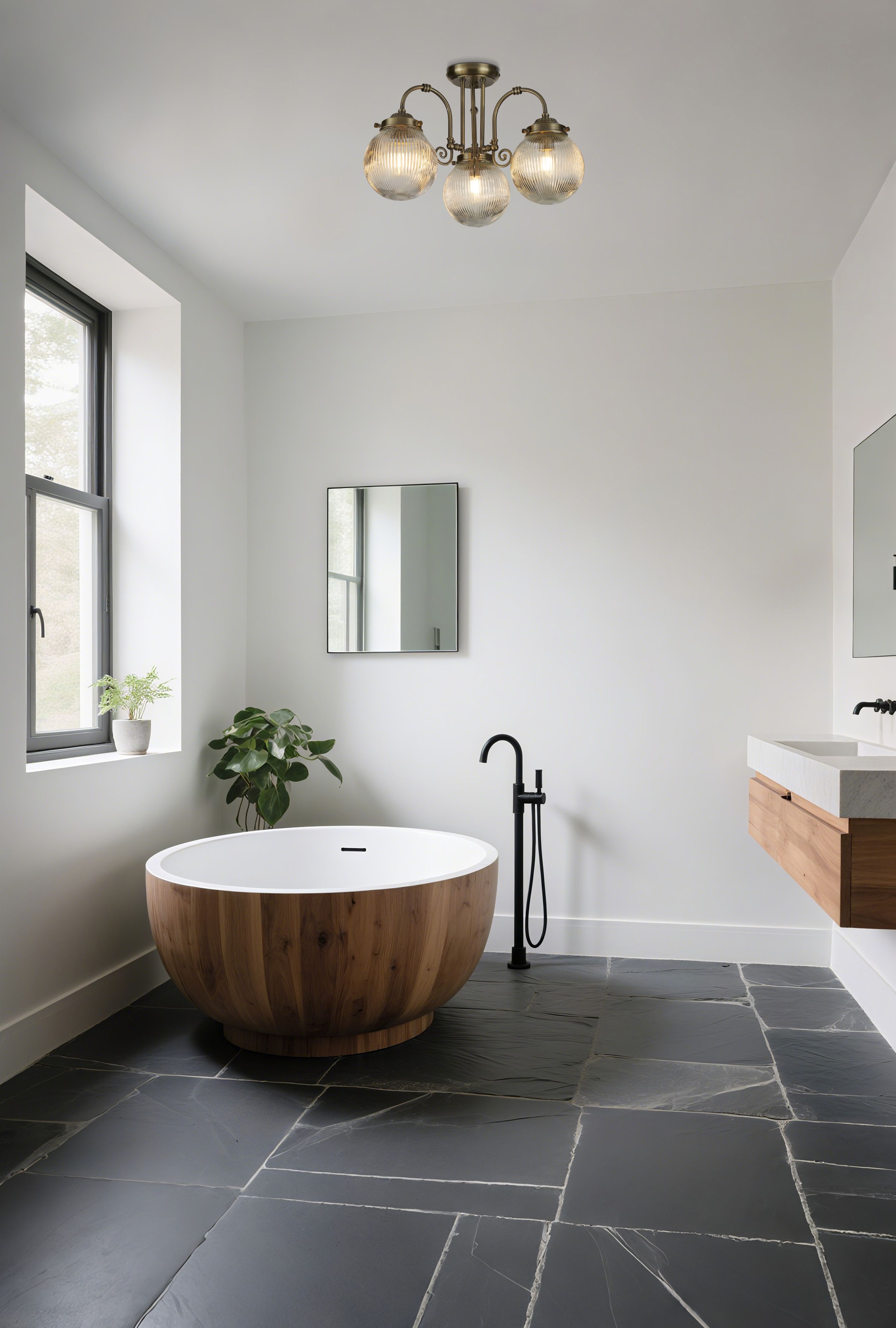Belvue 3 light flush ceiling light mounted above a round wooden freestanding bath in a bathroom with dark slate flooring