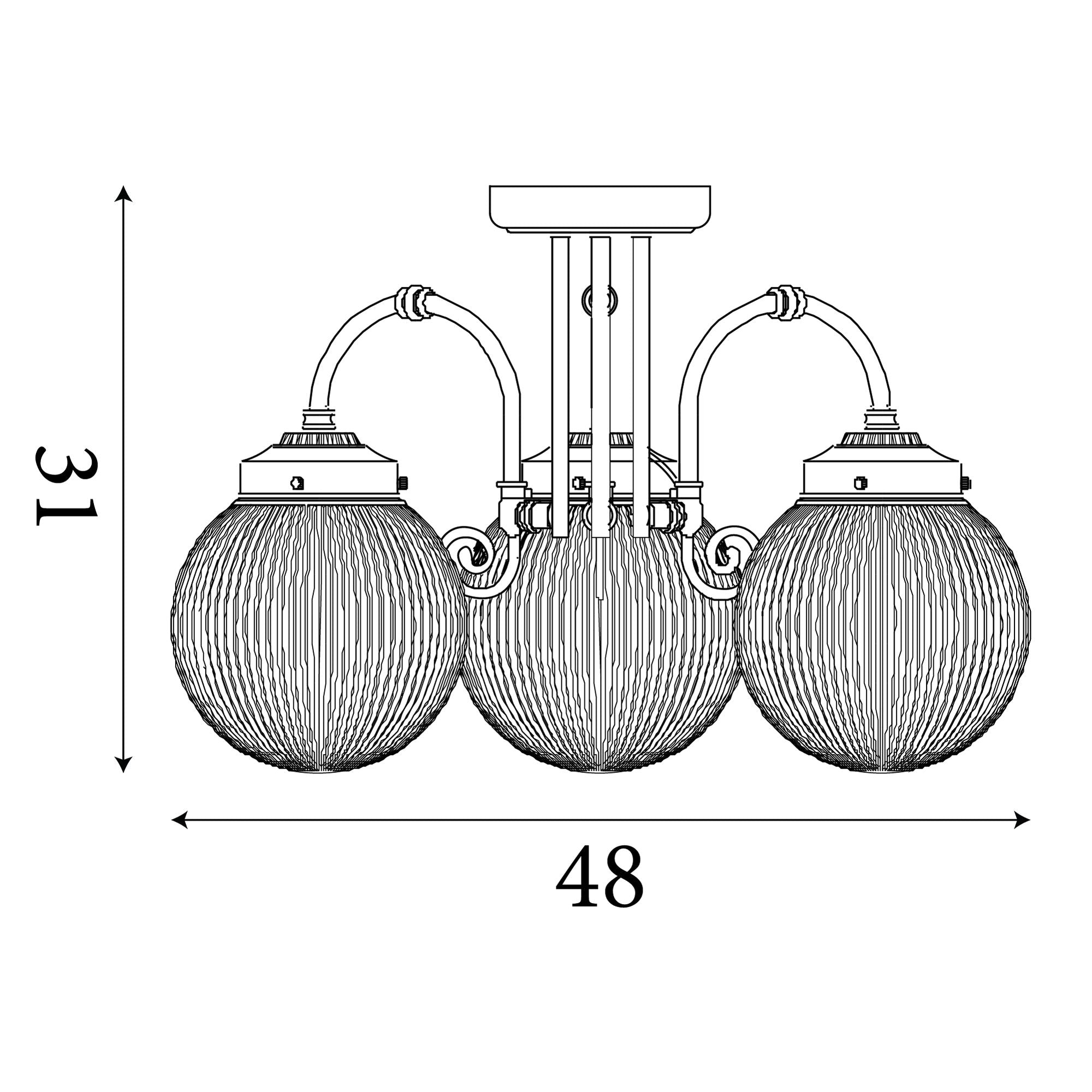 Technical line drawing of the Belvue 3 light flush showing 48cm width and 31cm height
