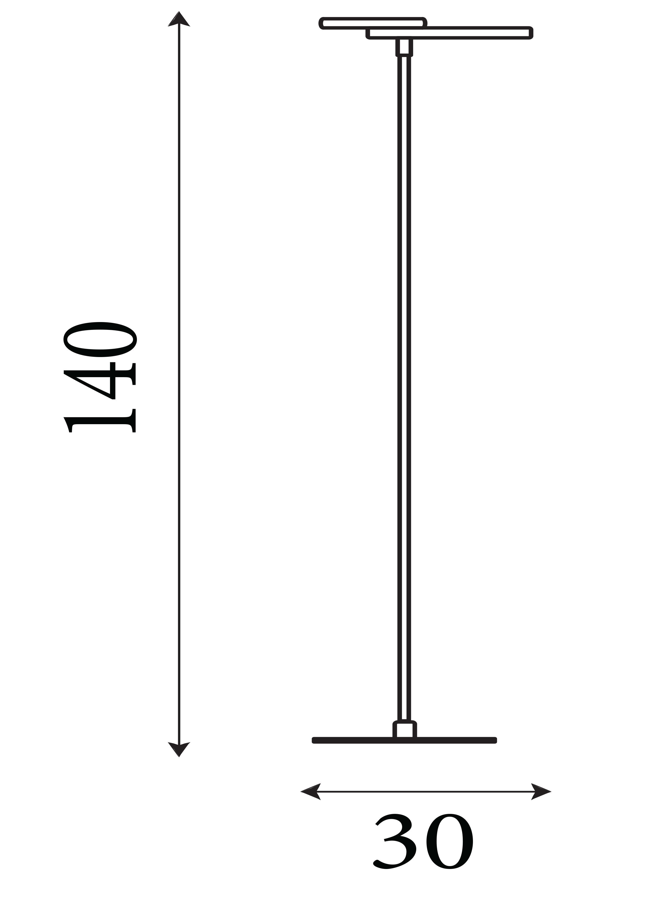 Technical line drawing of the Space floor lamp showing an overall height of 140cm and a base width of 30cm